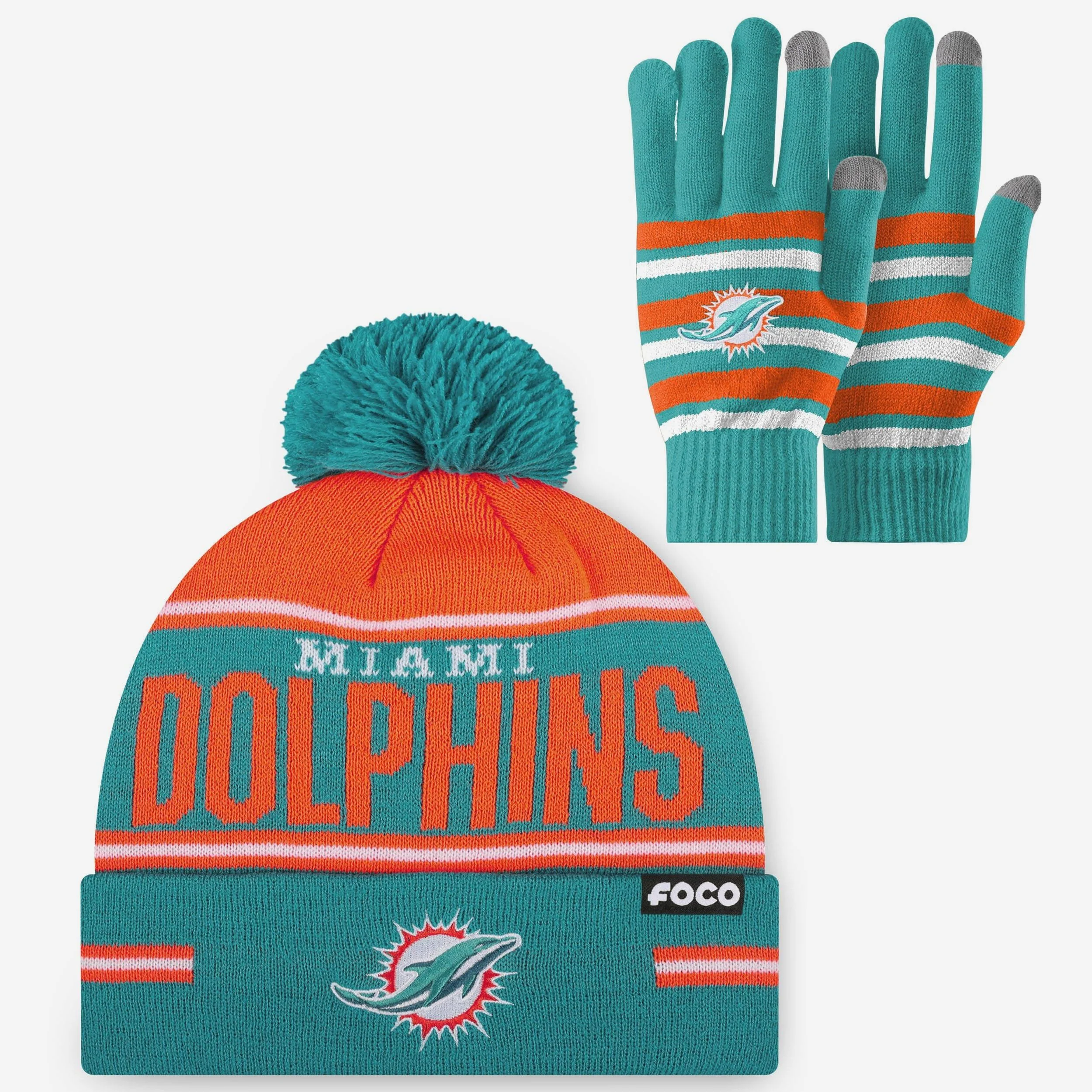 Miami Dolphins Stretch Glove & Big Wordmark Stripe Pom Beanie Set