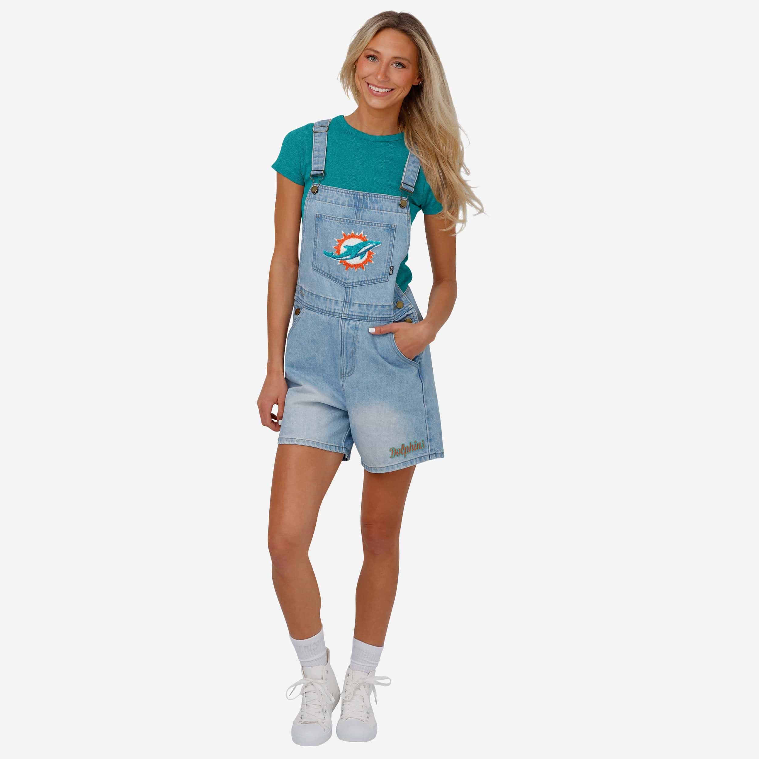 Miami Dolphins Womens Big Logo Denim Bib Shortalls