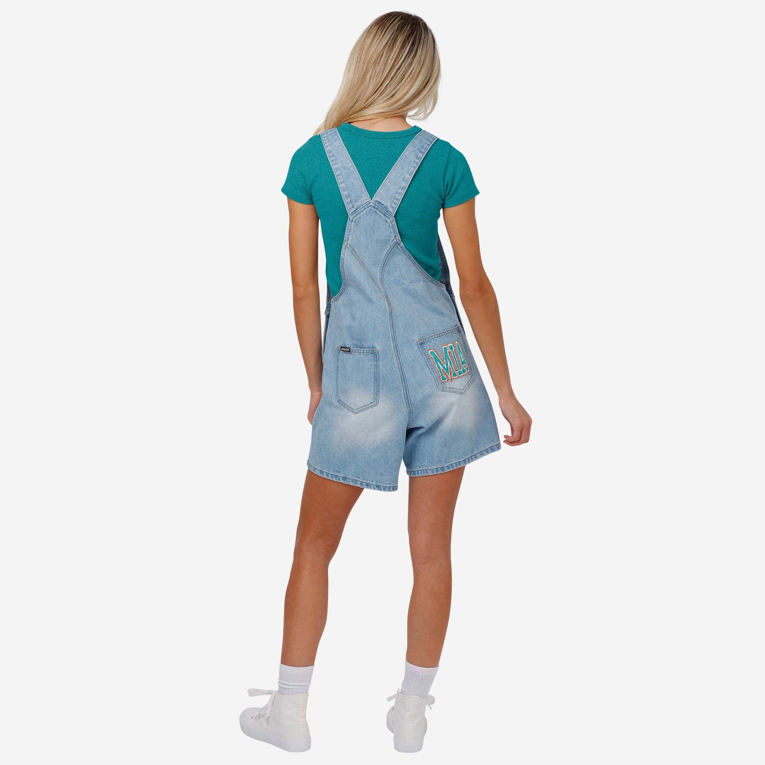 Miami Dolphins Womens Big Logo Denim Bib Shortalls - Image 2