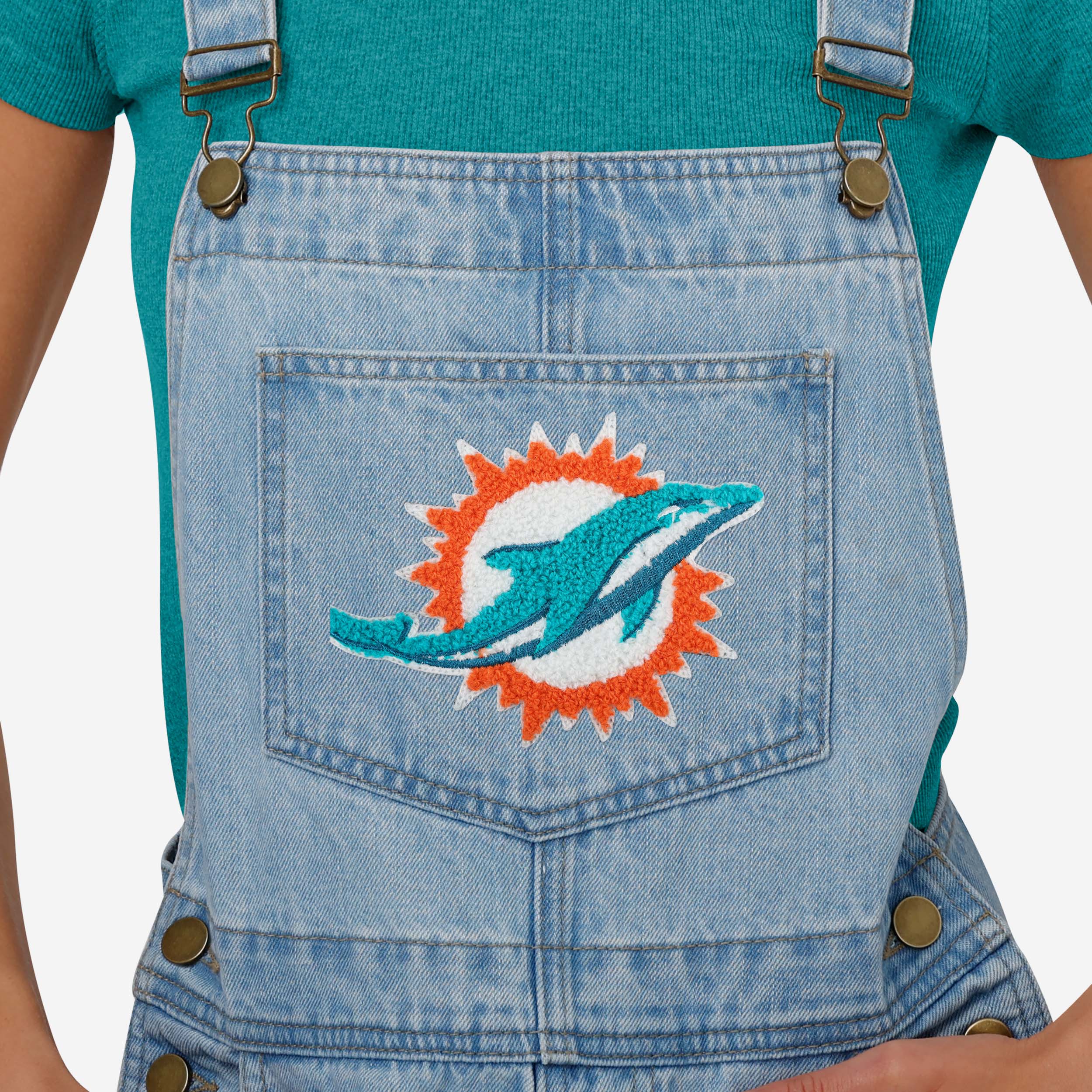 Miami Dolphins Womens Big Logo Denim Bib Shortalls - Image 3