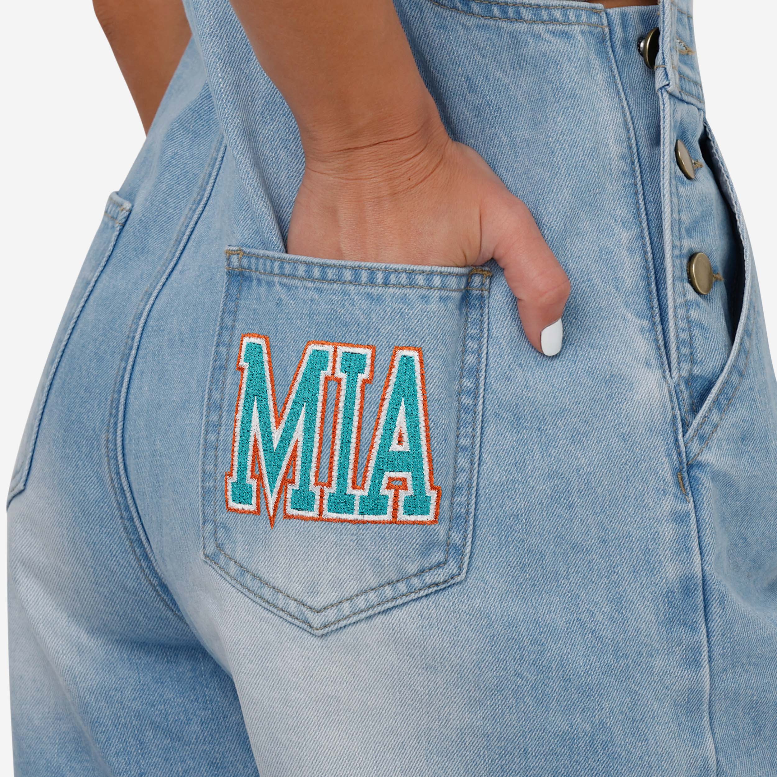 Miami Dolphins Womens Big Logo Denim Bib Shortalls - Image 5
