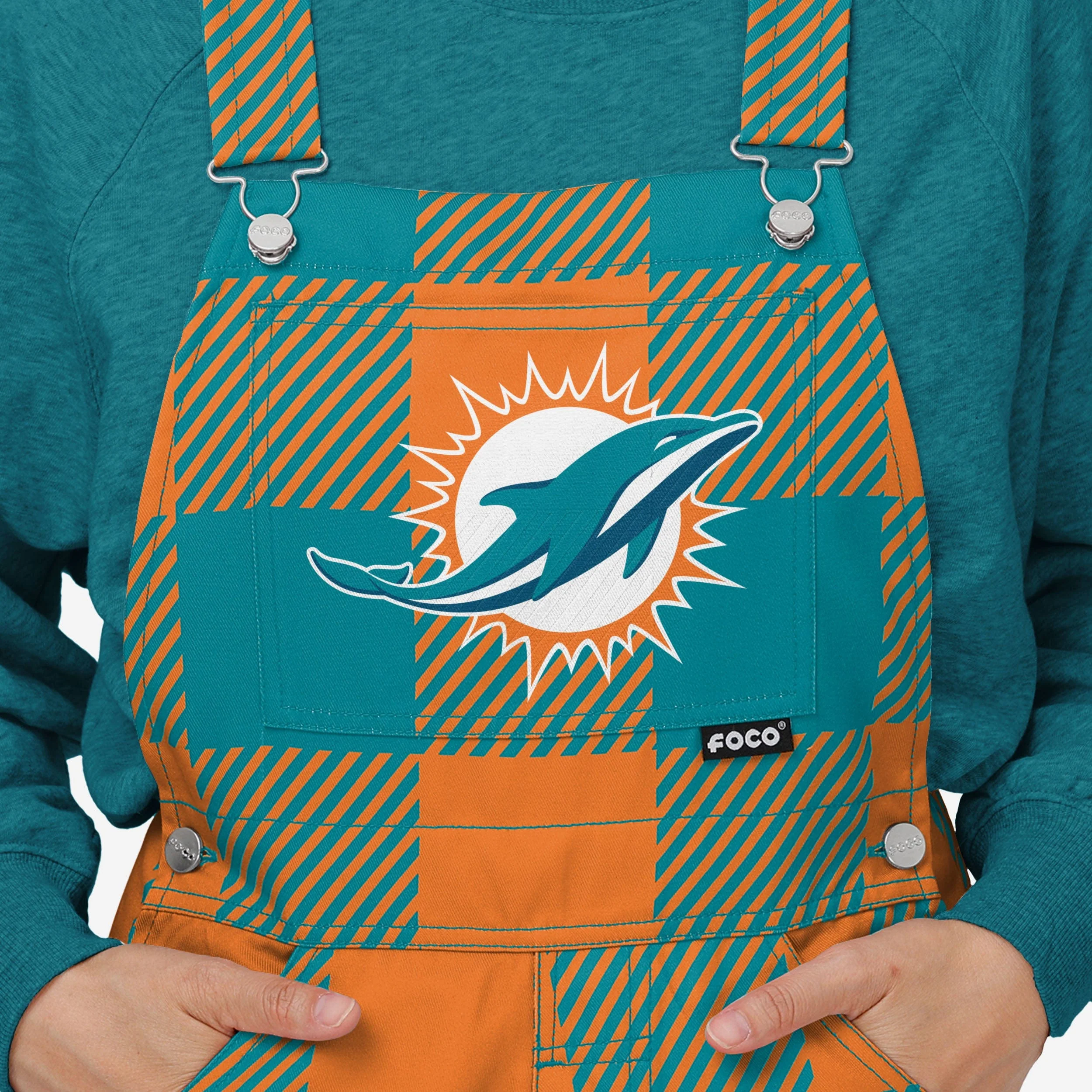 Miami Dolphins Womens Plaid Bib Overalls - Image 4