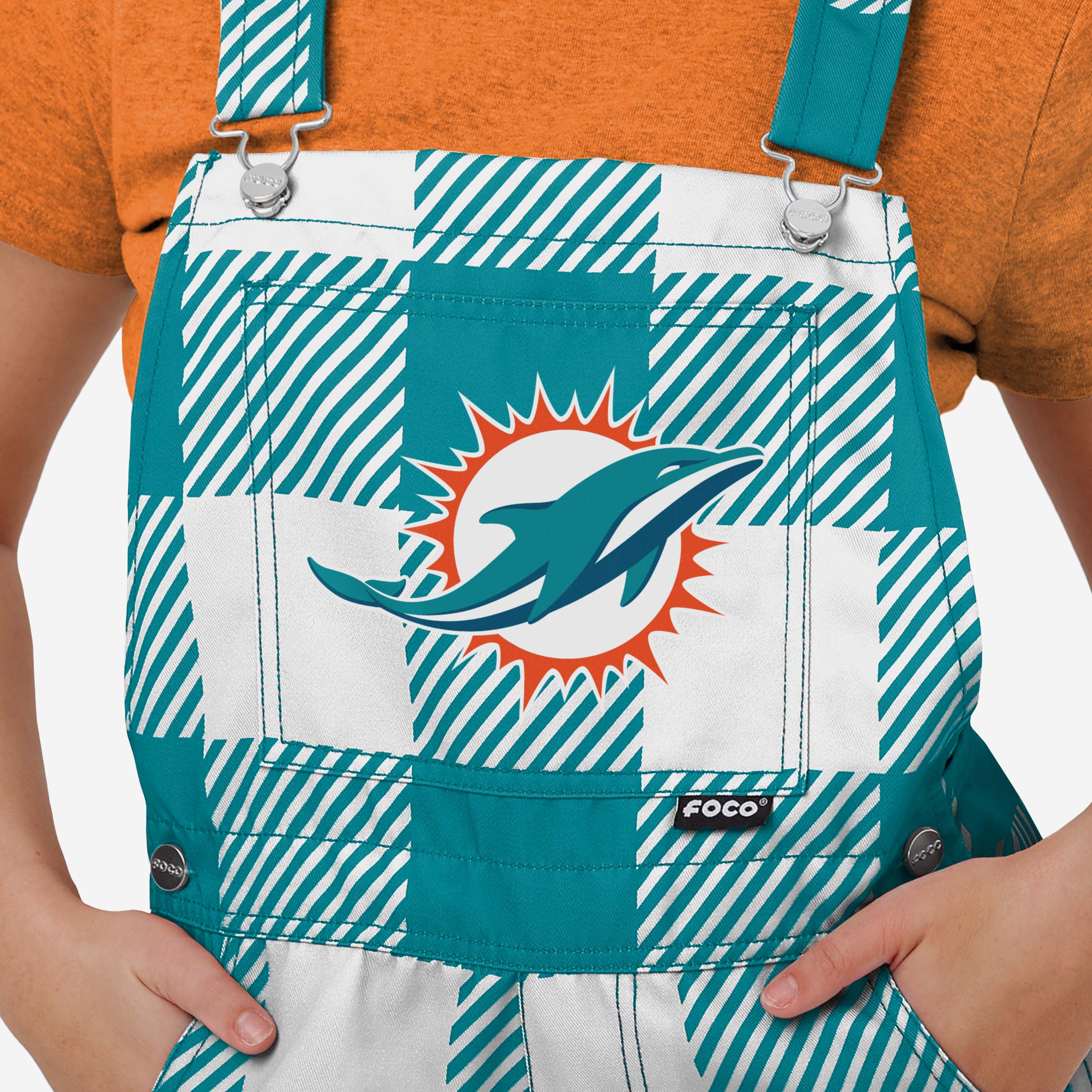 Miami Dolphins Womens Plaid Bib Shortalls - Image 4