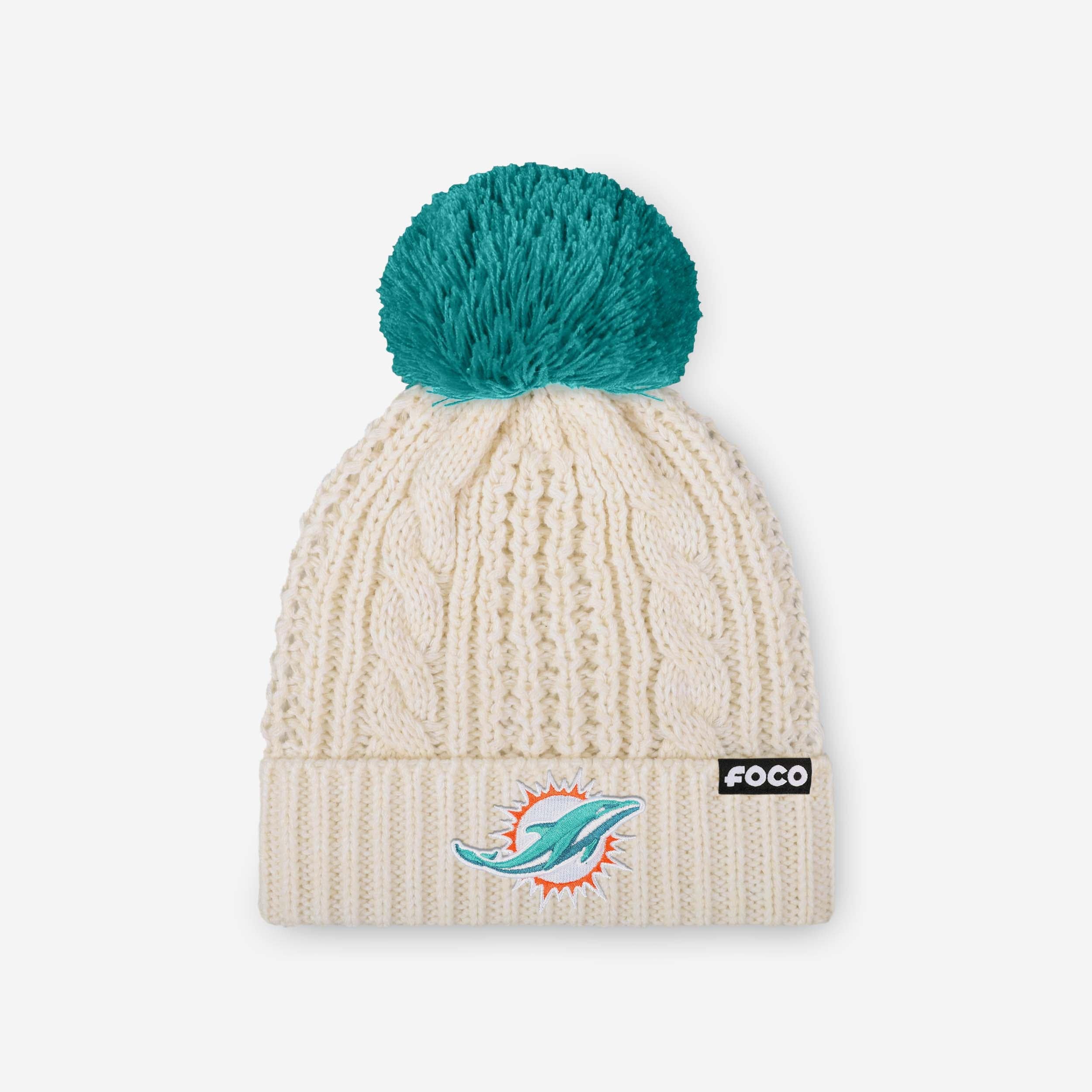Miami Dolphins Womens Primary Logo White Cable Knit Pom Beanie