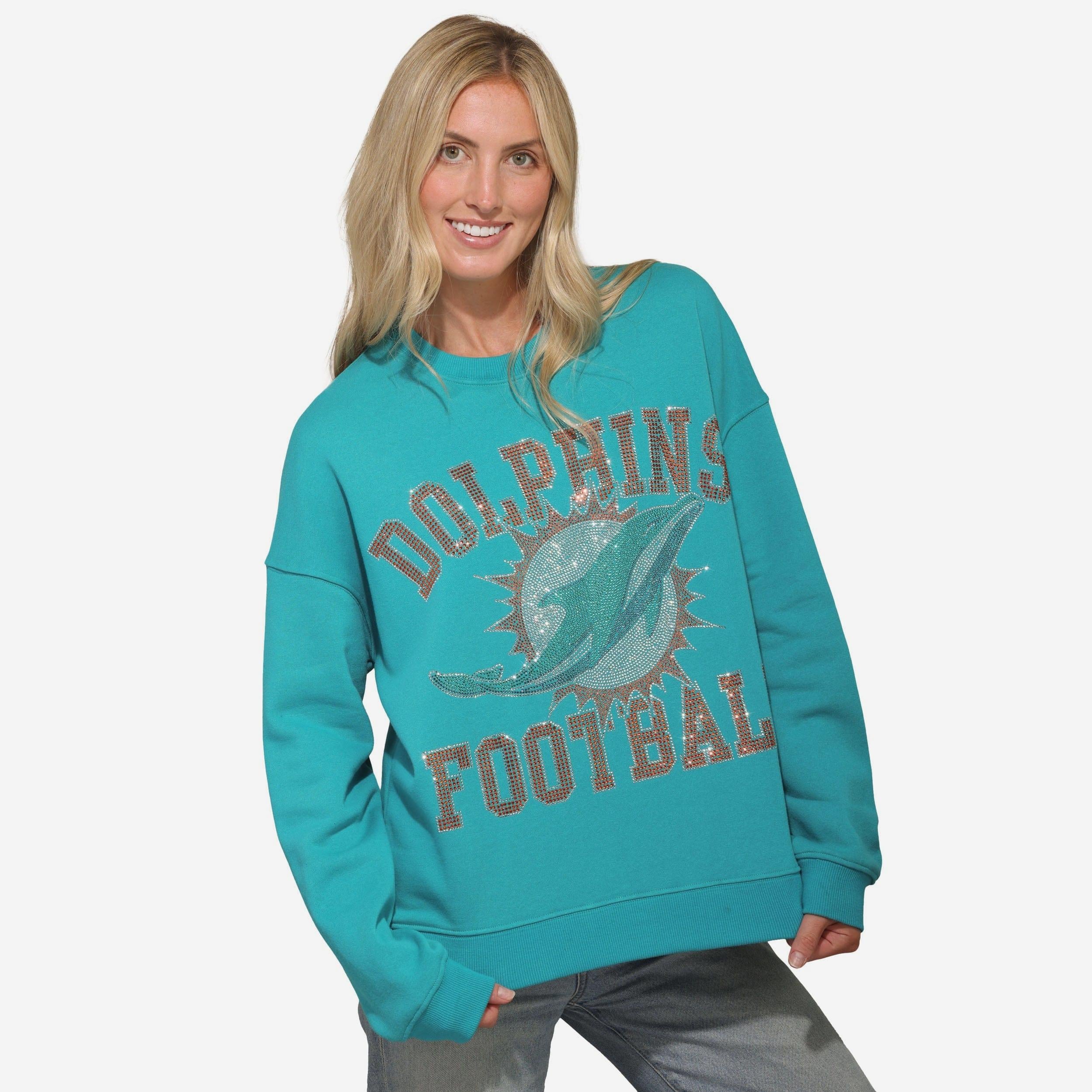 Miami Dolphins Womens Rhinestone Logo Oversized Crew Neck Sweatshirt