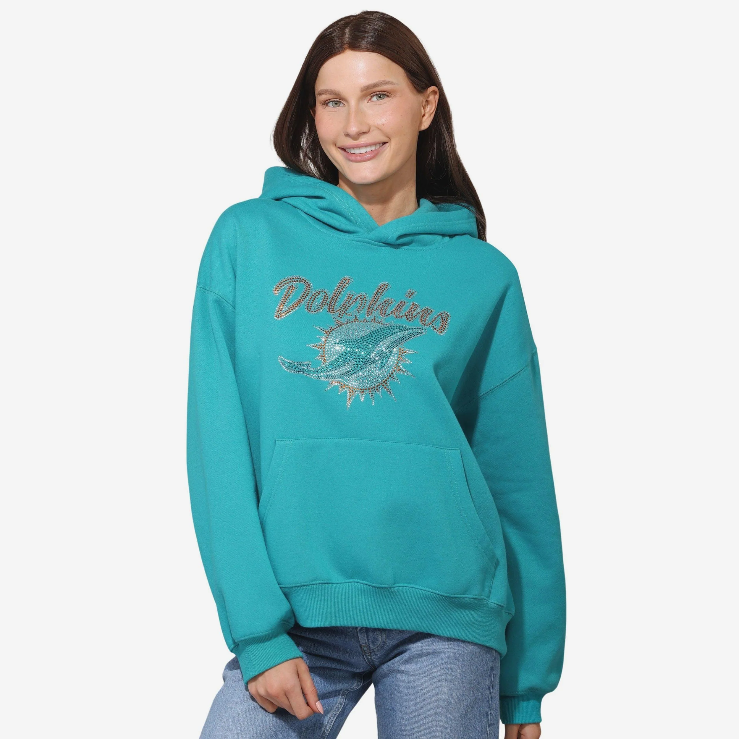 Miami Dolphins Womens Rhinestone Logo Oversized Hoodie