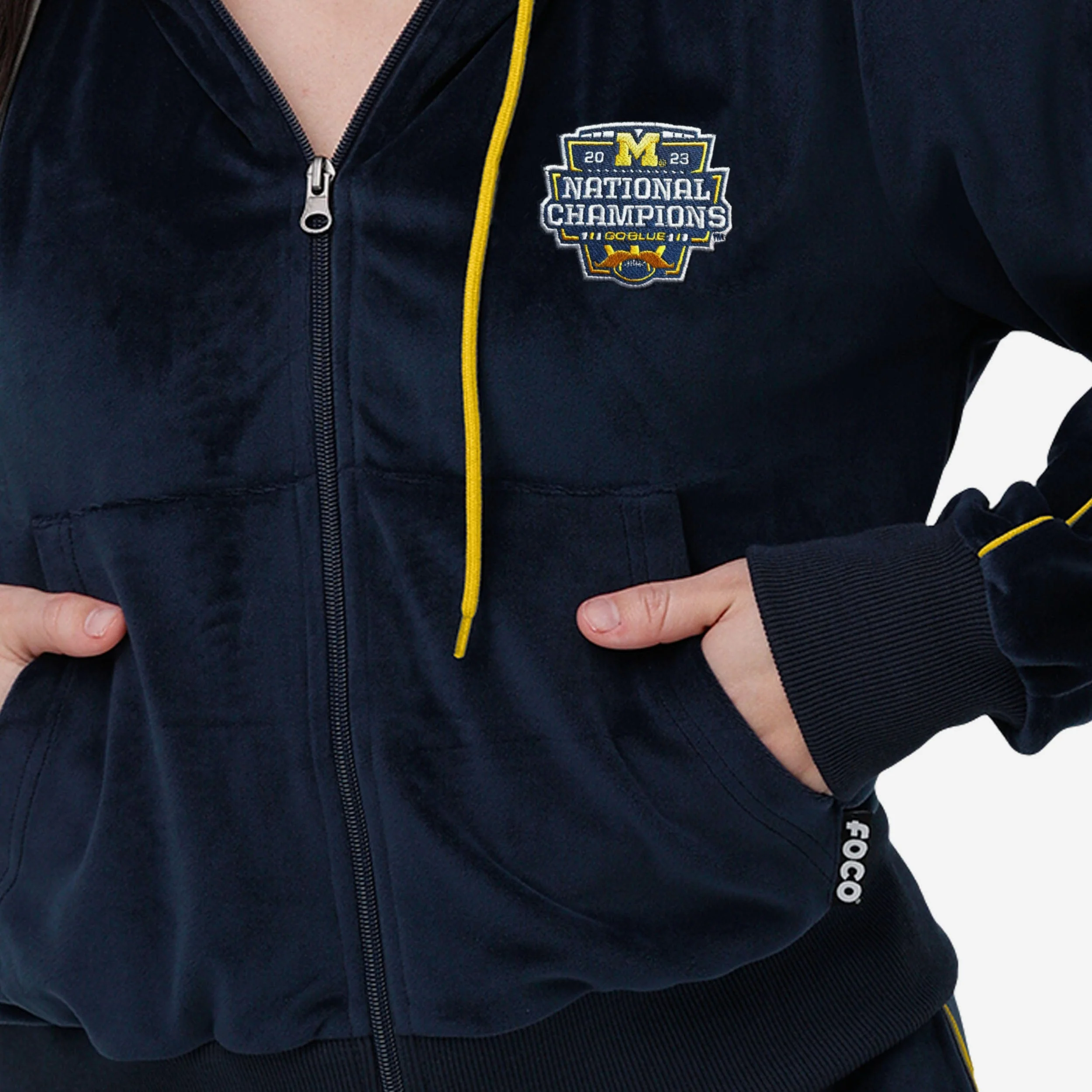 Michigan Wolverines 2023 Football National Champions Womens Velour Zip Up Top - Image 3