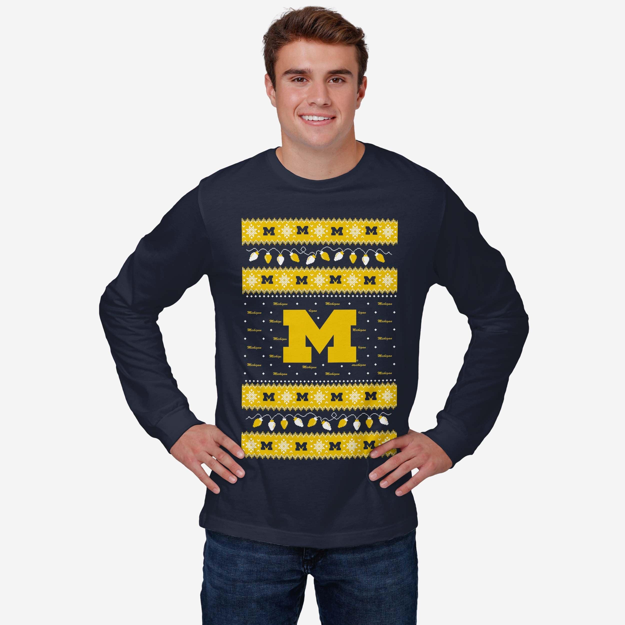 Michigan Wolverines Holiday Lights Sweater Long Sleeve T-Shirt - Image 2