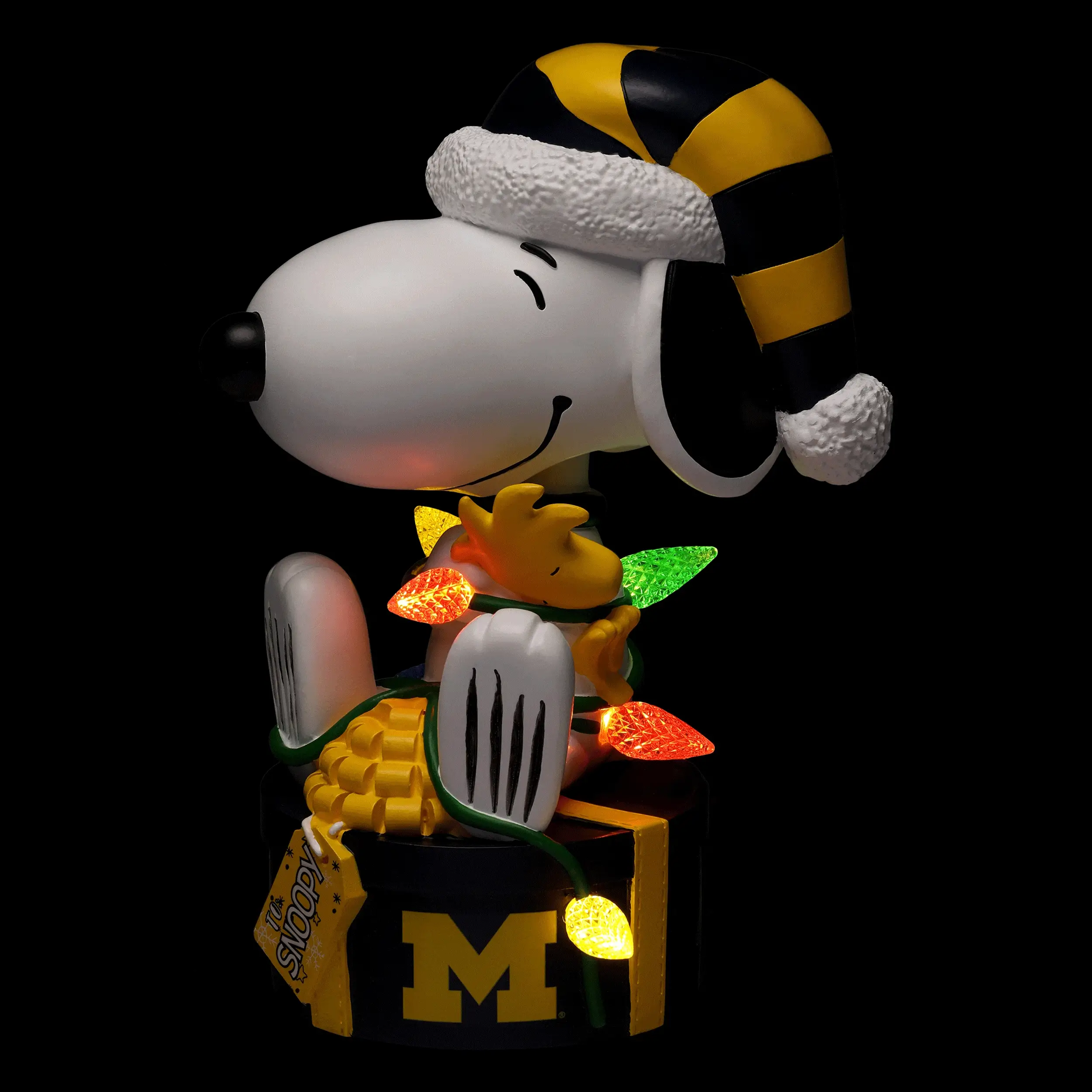 Michigan Wolverines Snoopy & Woodstock Peanuts Christmas Light Up Bobblehead - Image 2