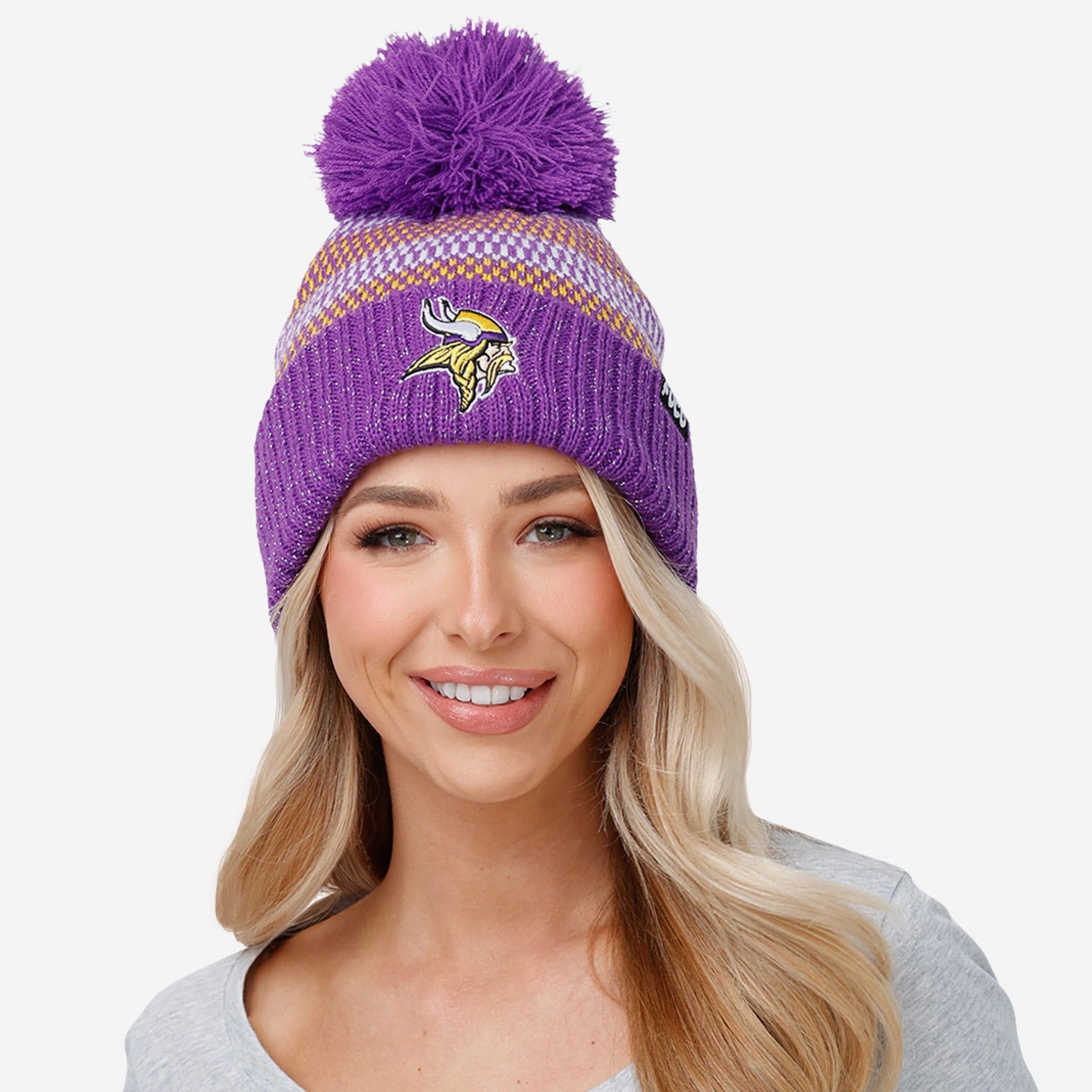 Minnesota Vikings Womens Cozy Knit Metallic Thread Pom Beanie - Image 3