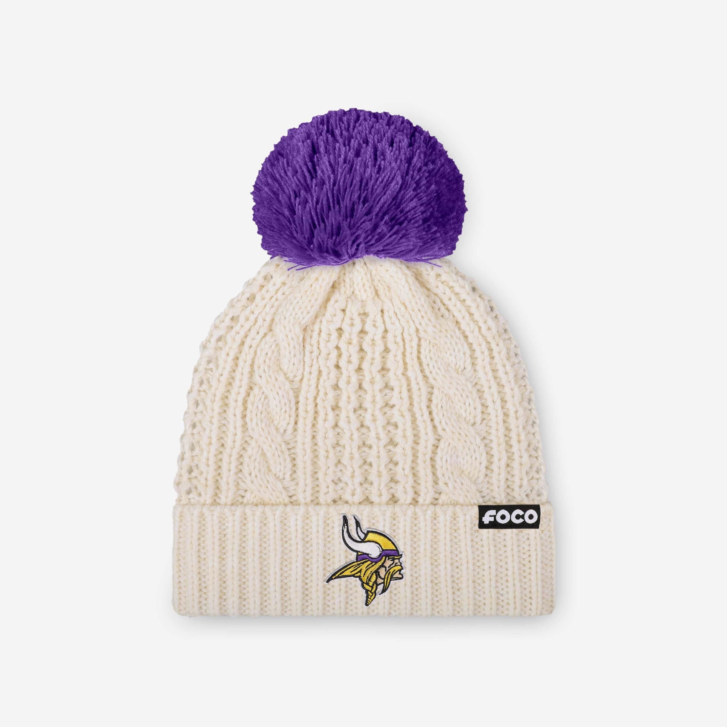 Minnesota Vikings Womens Primary Logo White Cable Knit Pom Beanie