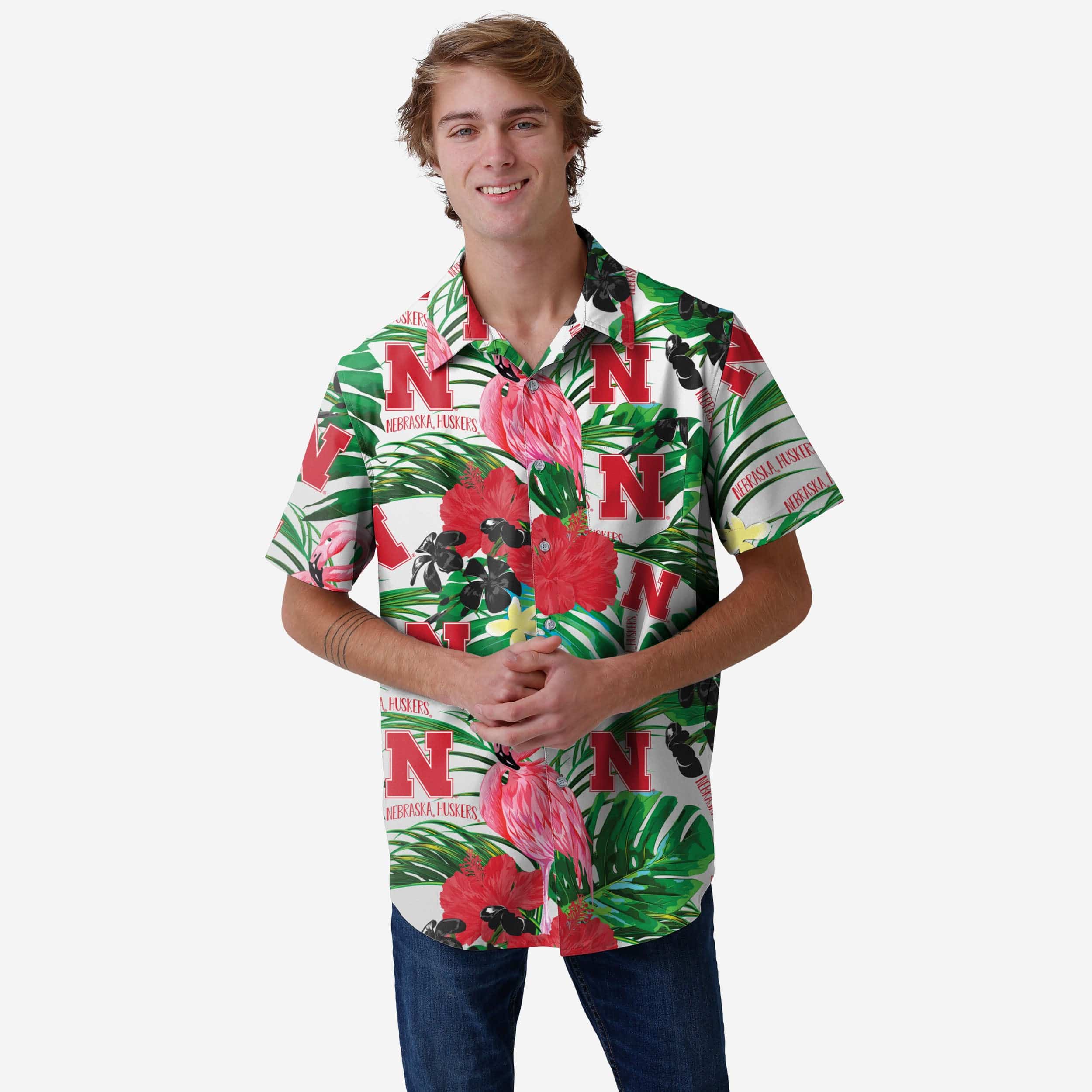 Nebraska Cornhuskers Flamingo Button Up Shirt