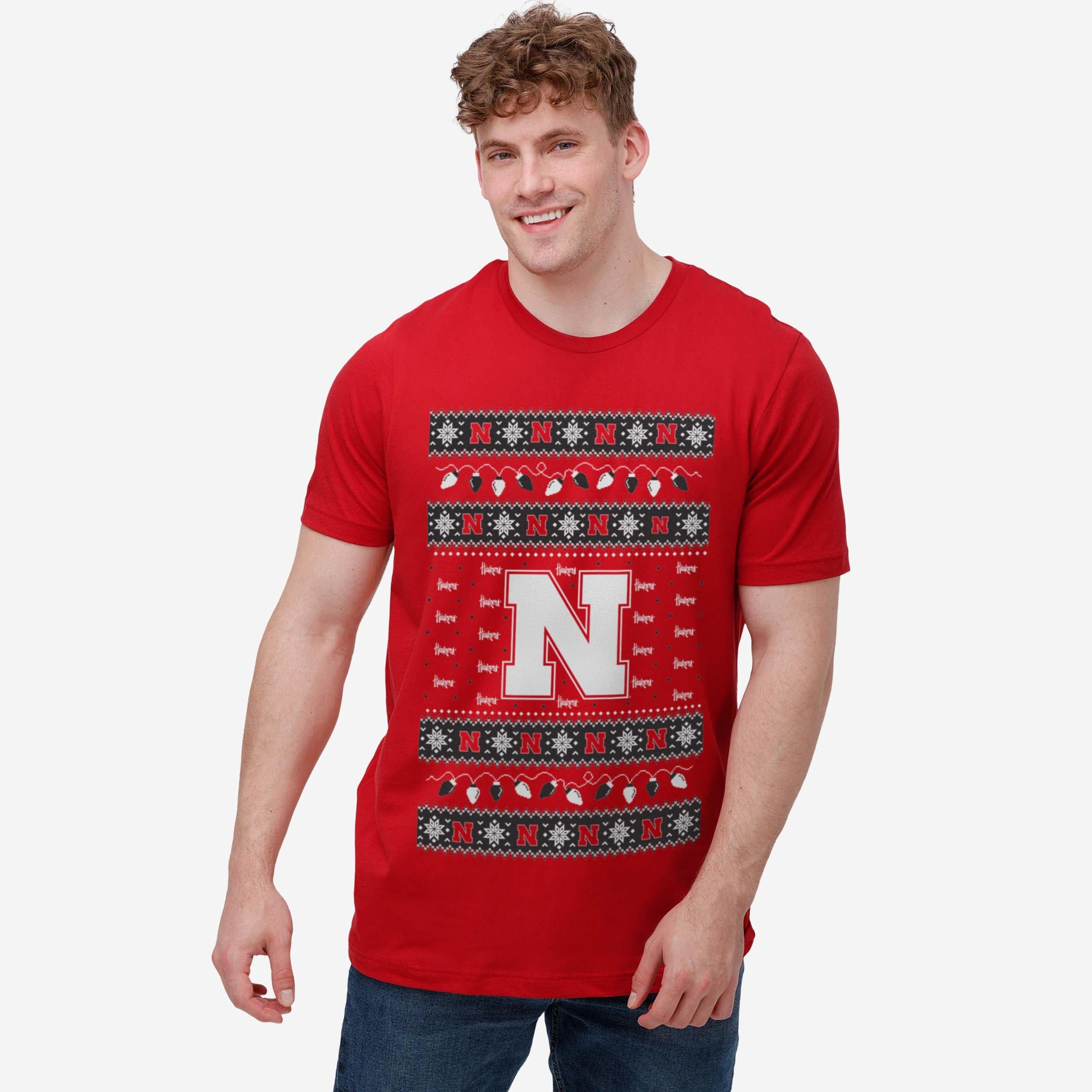 Nebraska Cornhuskers Holiday Lights Sweater T-Shirt - Image 2