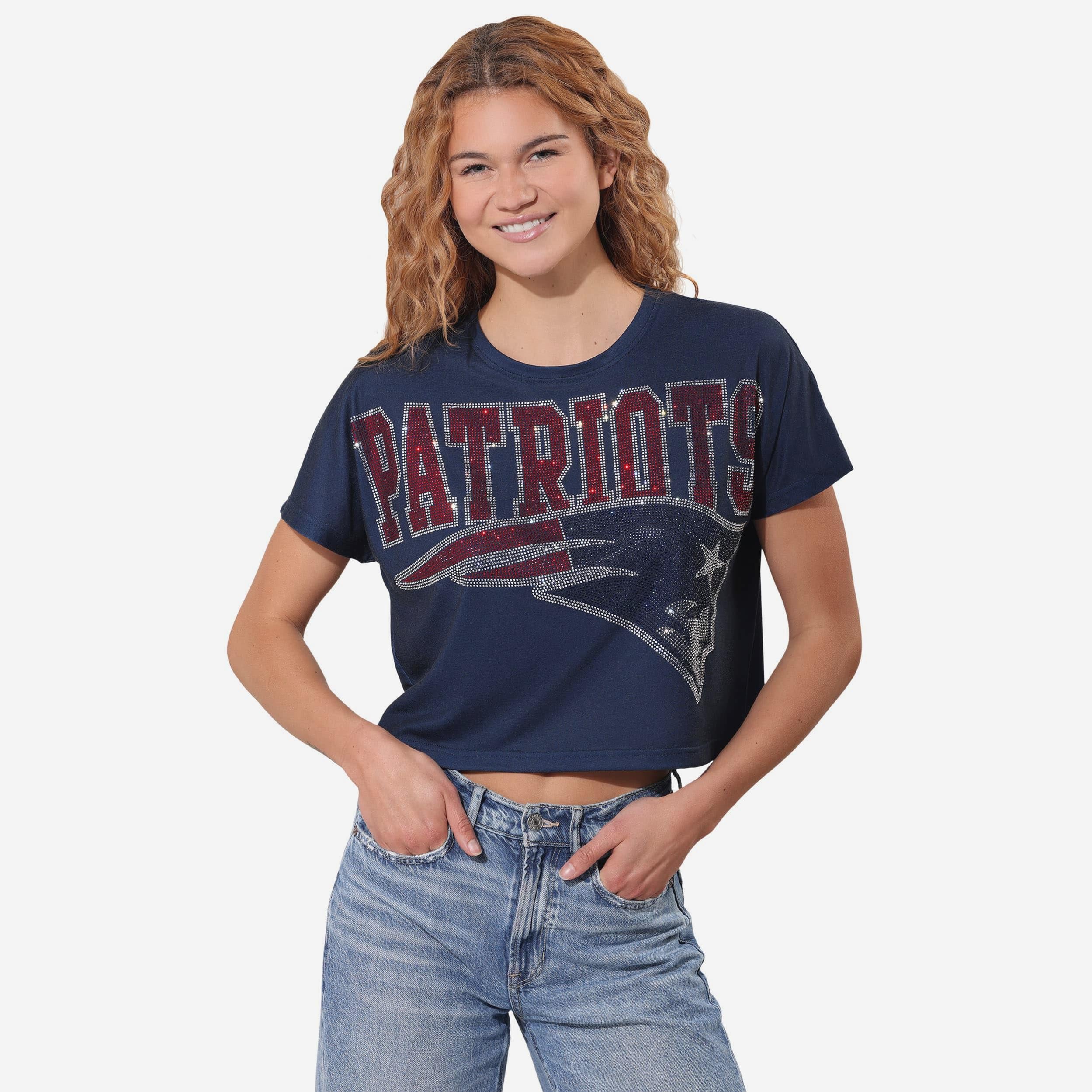 New England Patriots Big Wordmark Rhinestone Crop Top