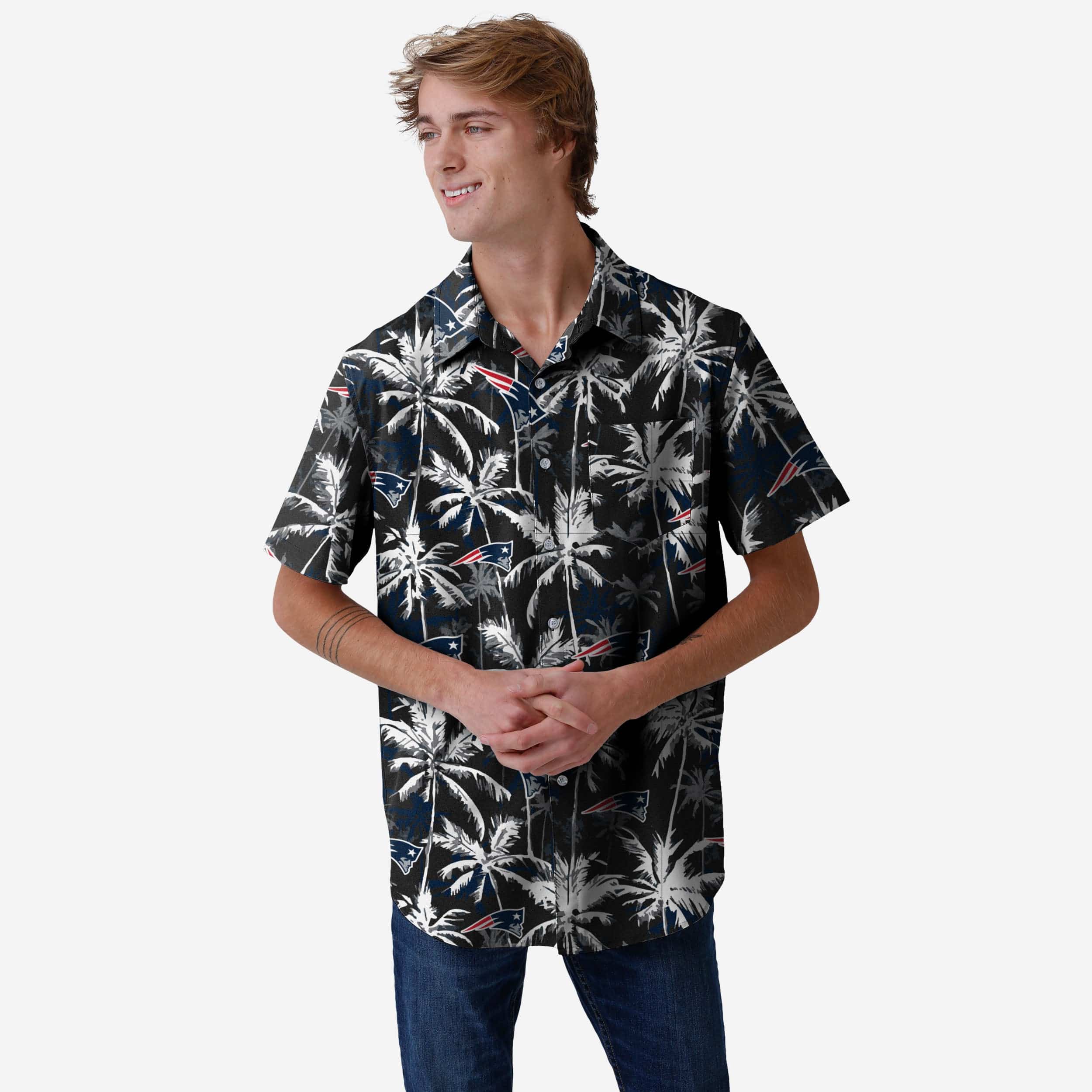 New England Patriots Black Floral Button Up Shirt