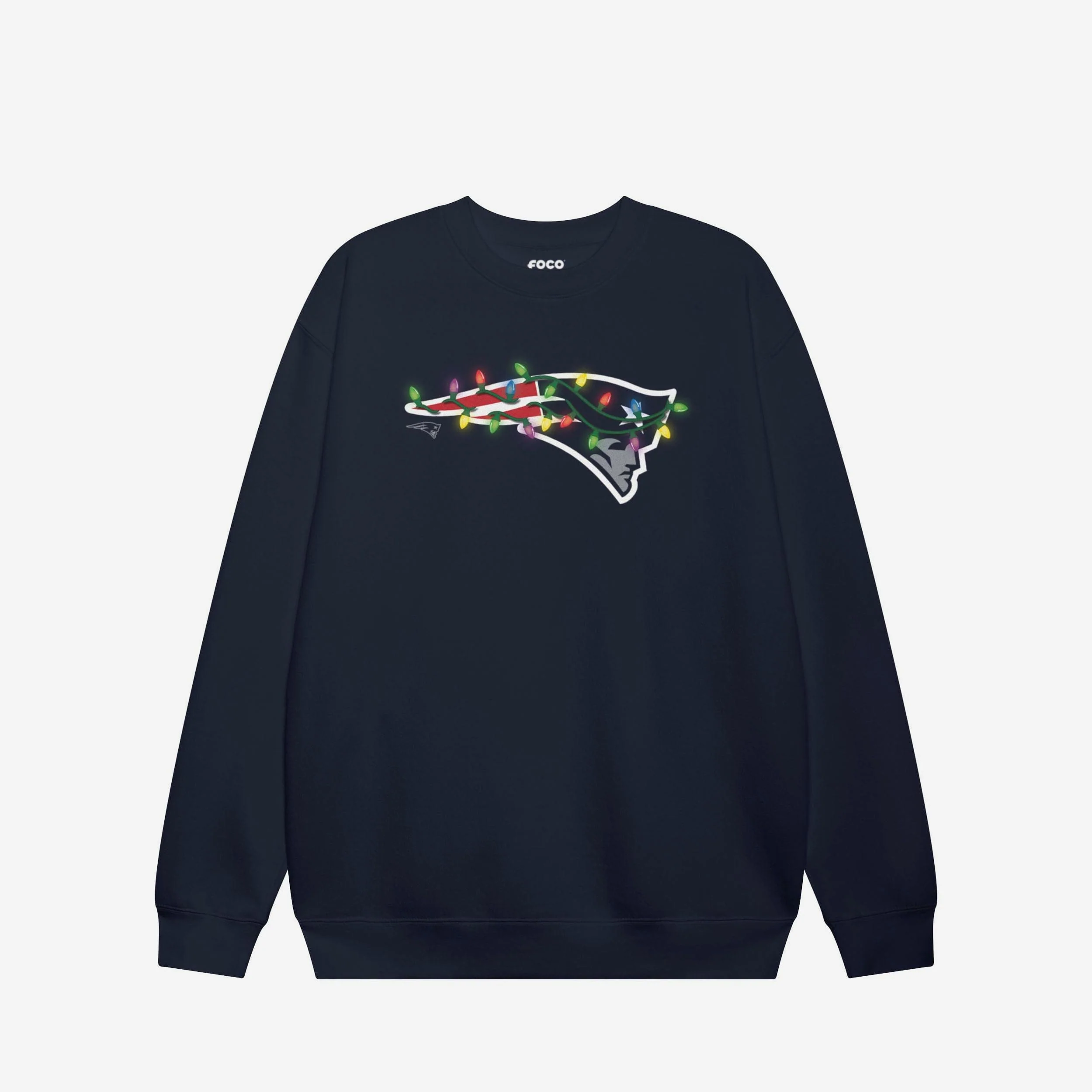 New England Patriots Primary Logo Holiday Lights Crew Neck Sweatshirt - Image 3