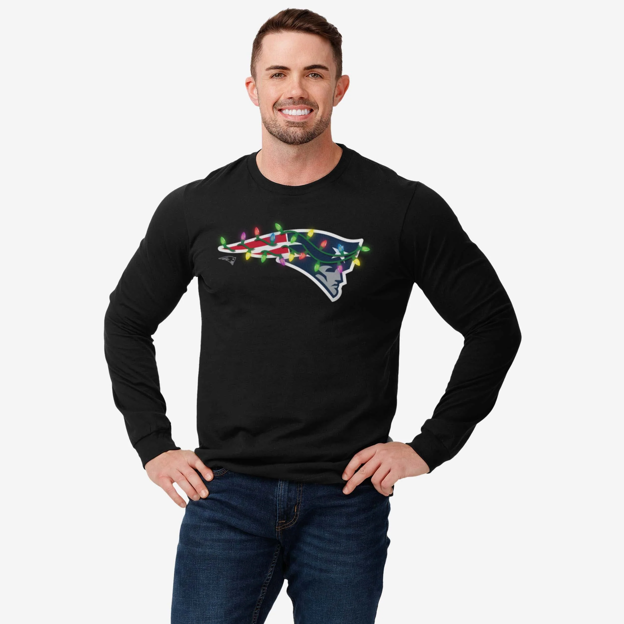 New England Patriots Primary Logo Holiday Lights Long Sleeve T-Shirt - Image 6