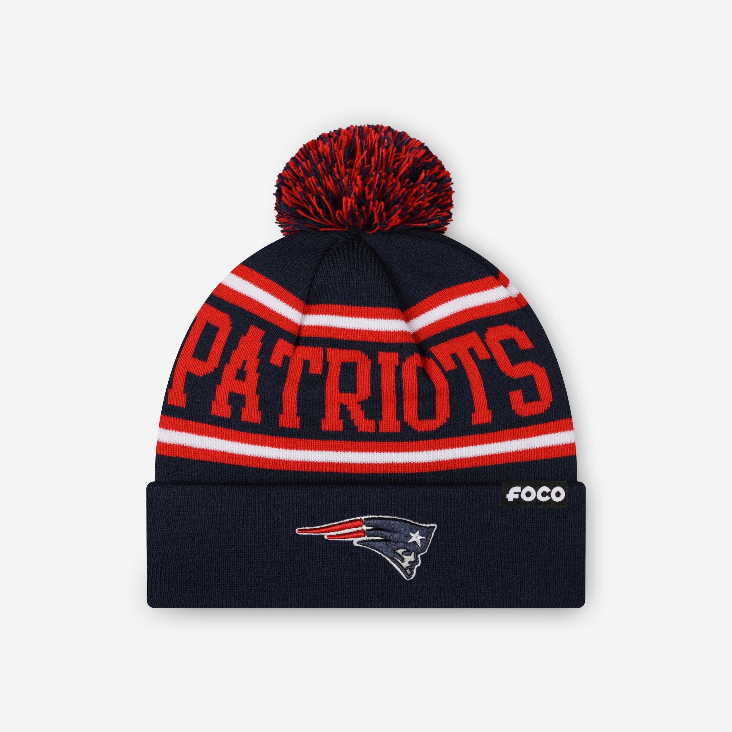 New England Patriots Primary Logo Stripe Pom Beanie
