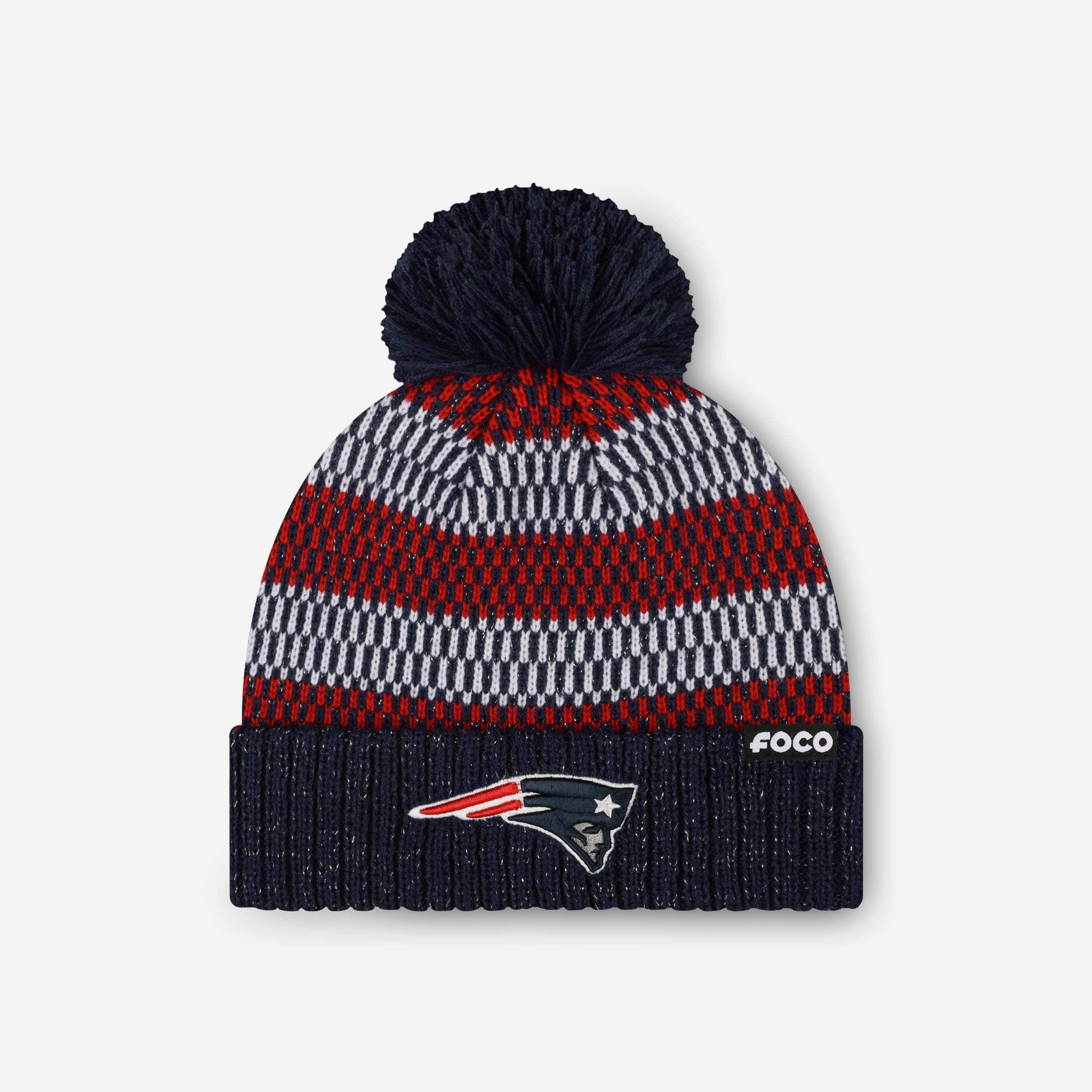 New England Patriots Womens Cozy Knit Metallic Thread Pom Beanie
