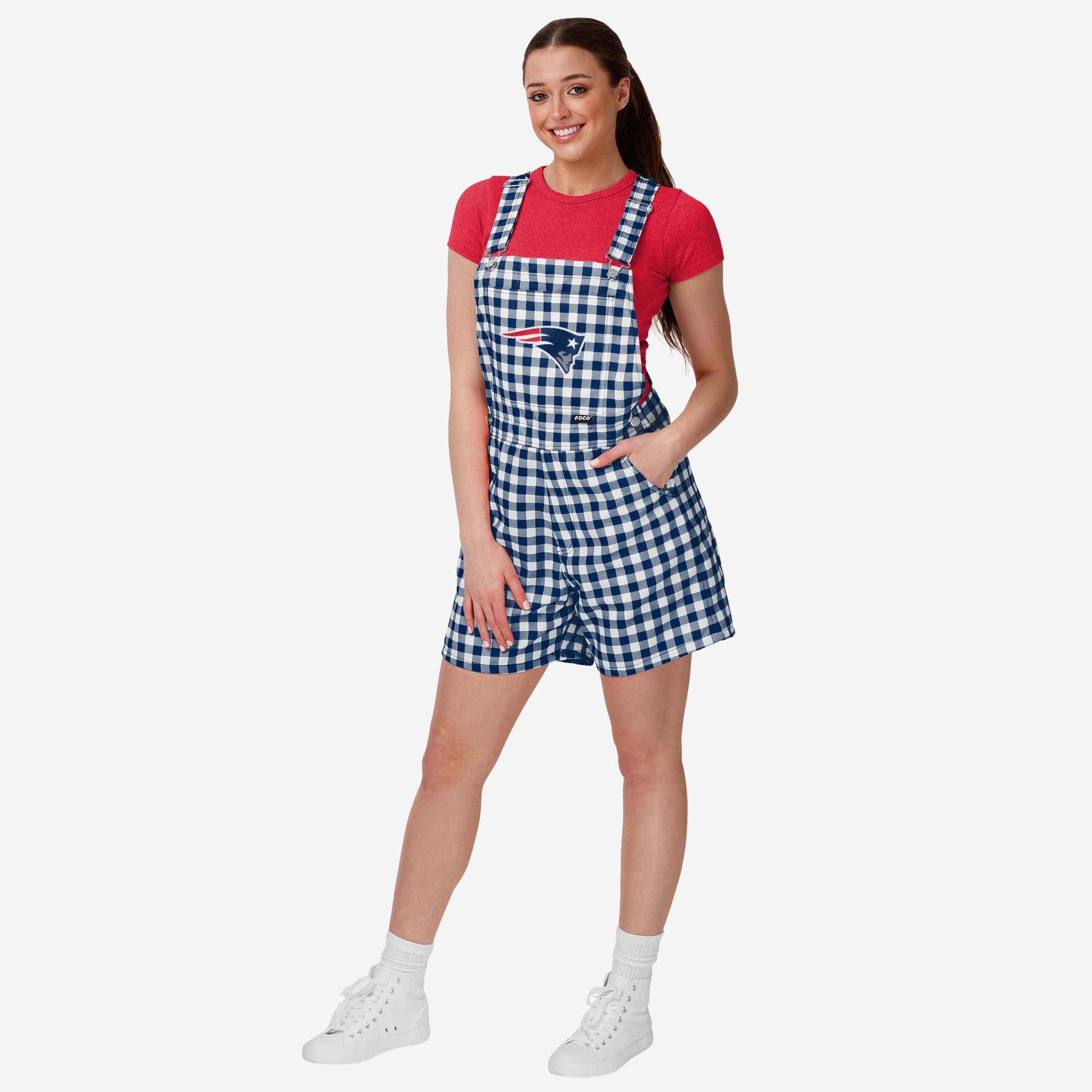 New England Patriots Womens Gingham Check Bib Shortalls