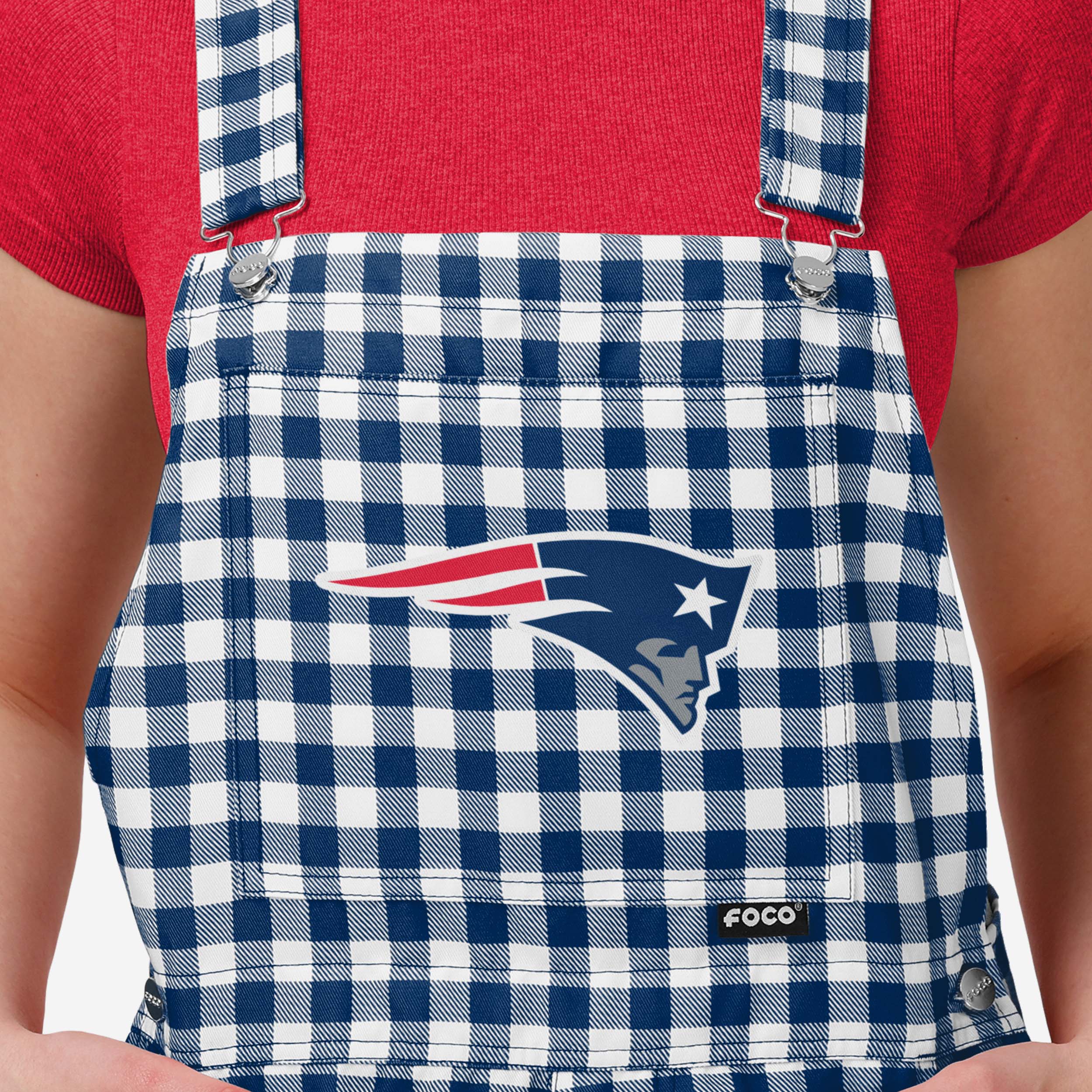 New England Patriots Womens Gingham Check Bib Shortalls - Image 3