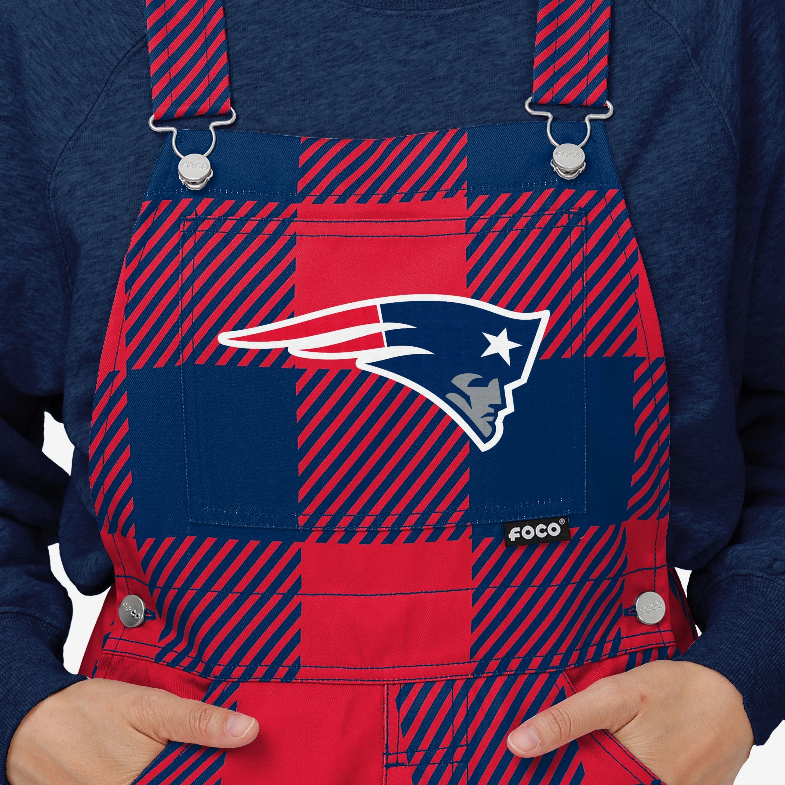 New England Patriots Womens Plaid Bib Overalls - Image 4