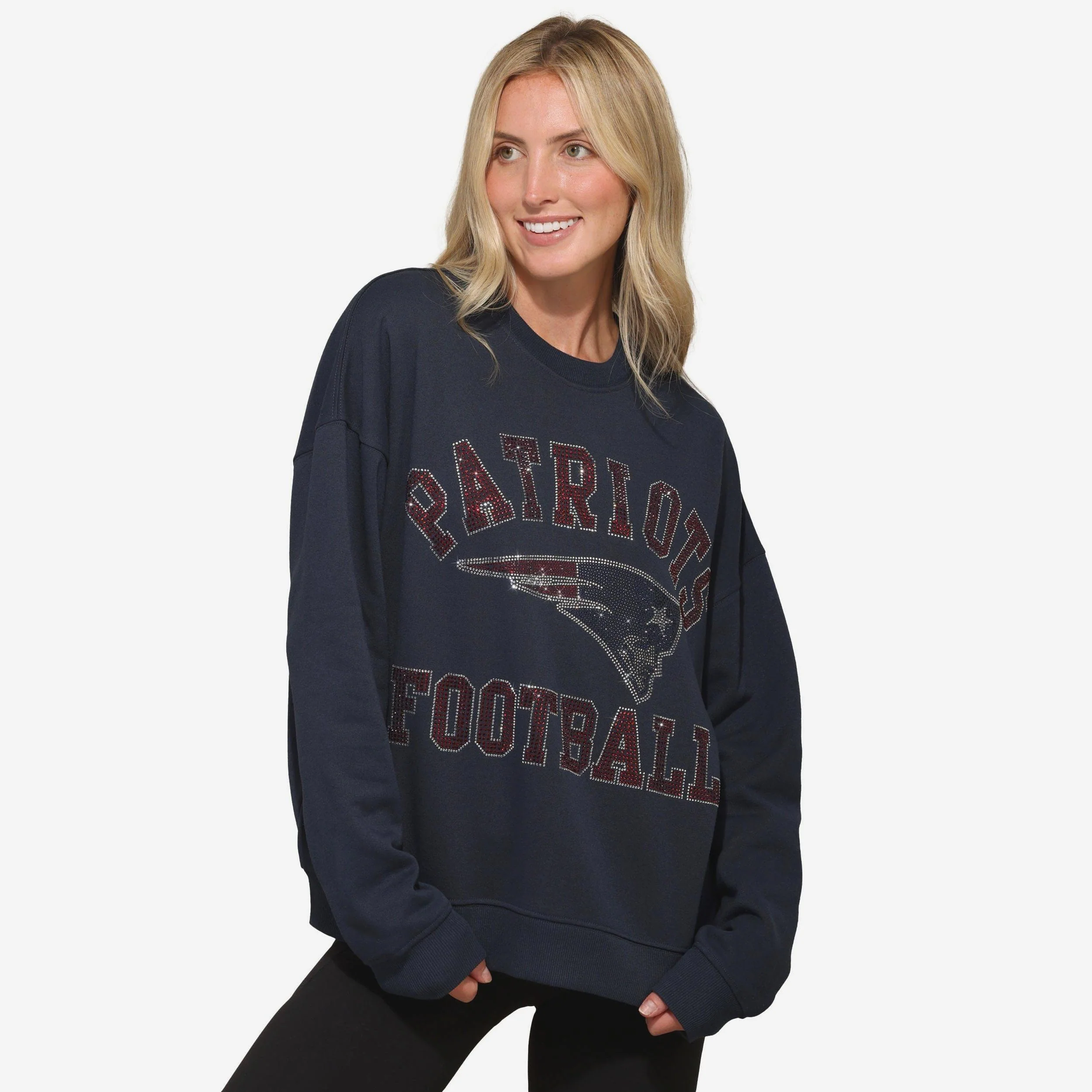New England Patriots Womens Rhinestone Logo Oversized Crew Neck Sweatshirt