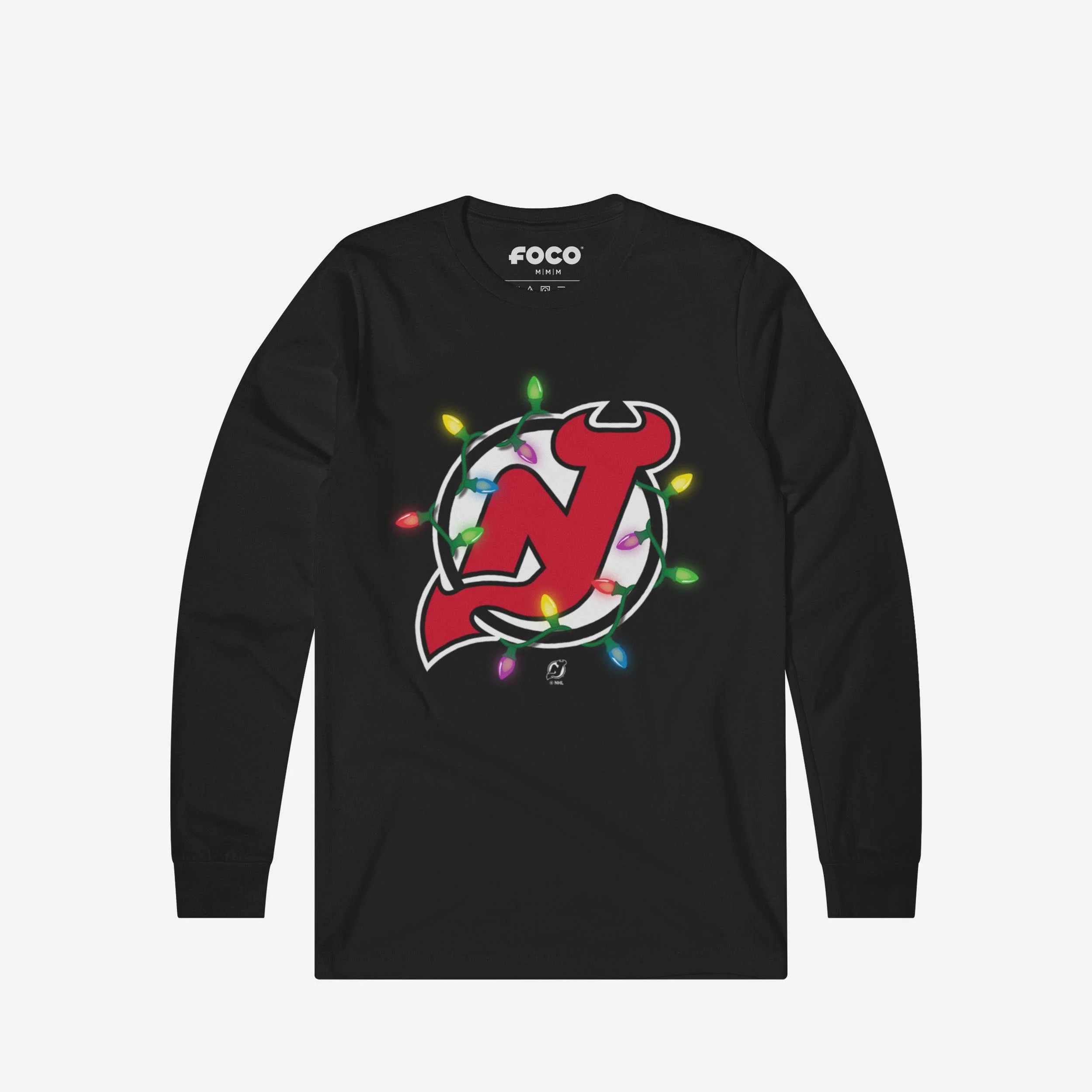 New Jersey Devils Primary Logo Holiday Lights Long Sleeve T-Shirt