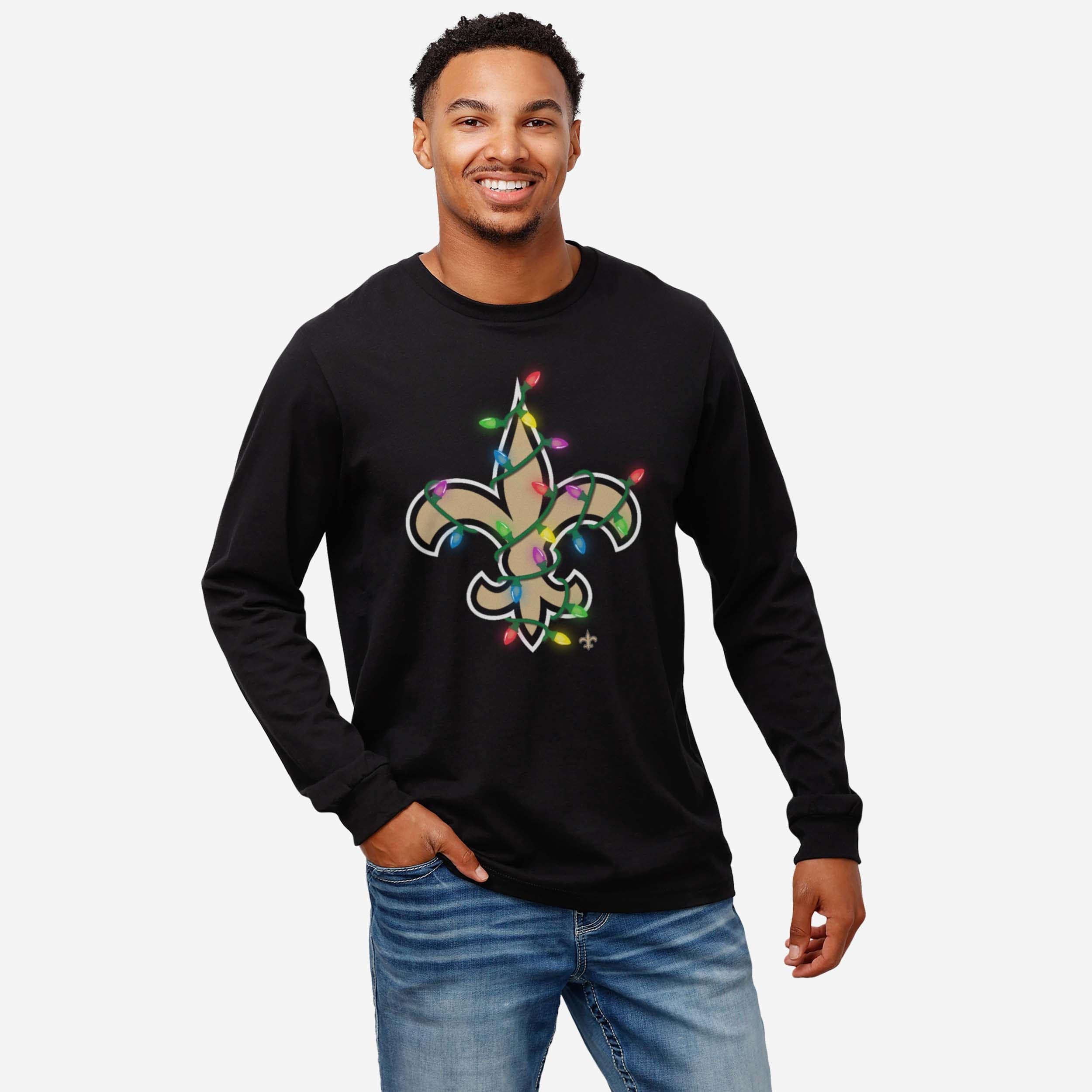 New Orleans Saints Primary Logo Holiday Lights Long Sleeve T-Shirt - Image 2
