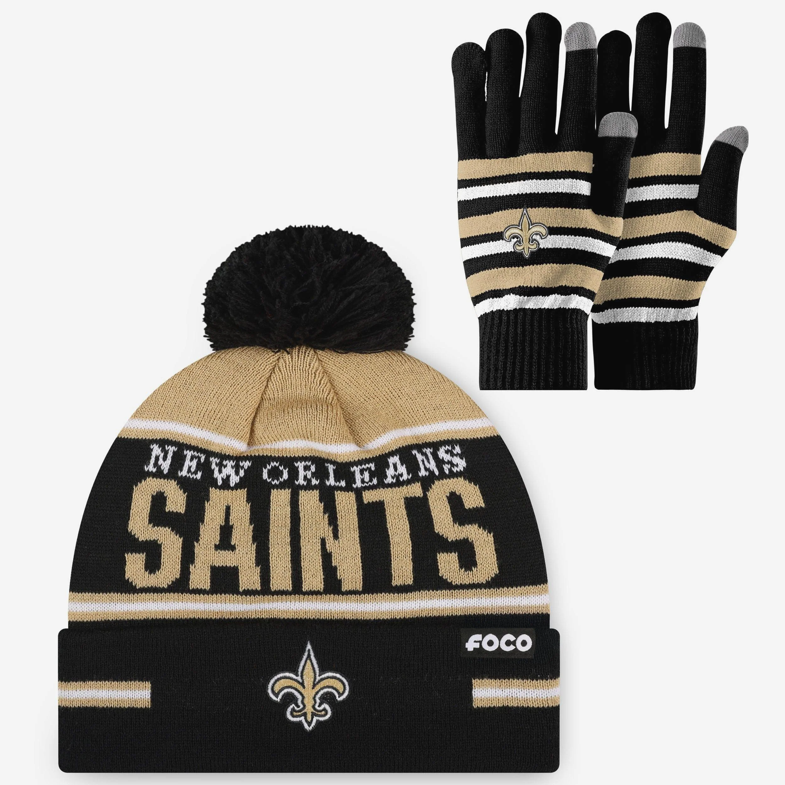 New Orleans Saints Stretch Glove & Big Wordmark Stripe Pom Beanie Set