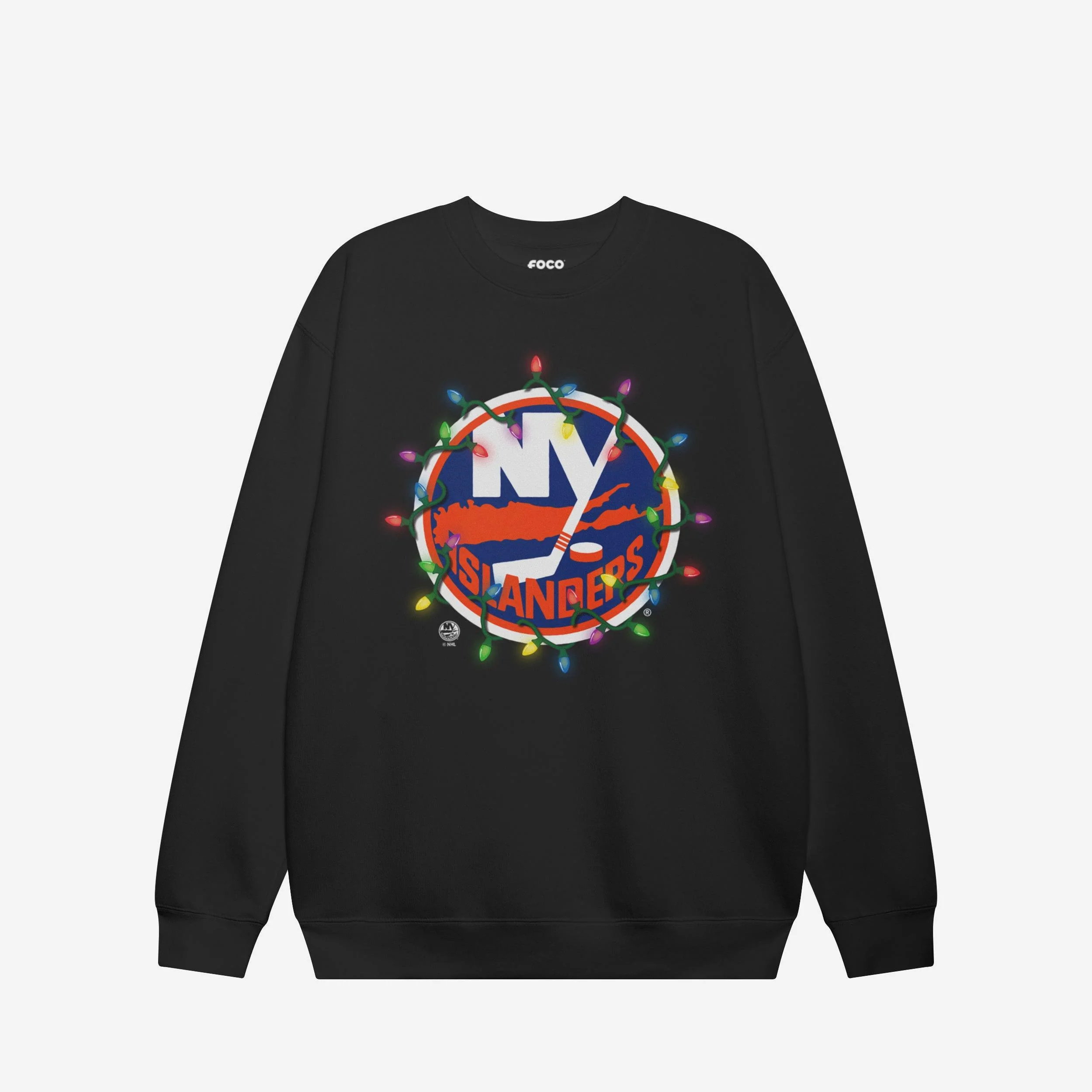 New York Islanders Primary Logo Holiday Lights Crew Neck Sweatshirt