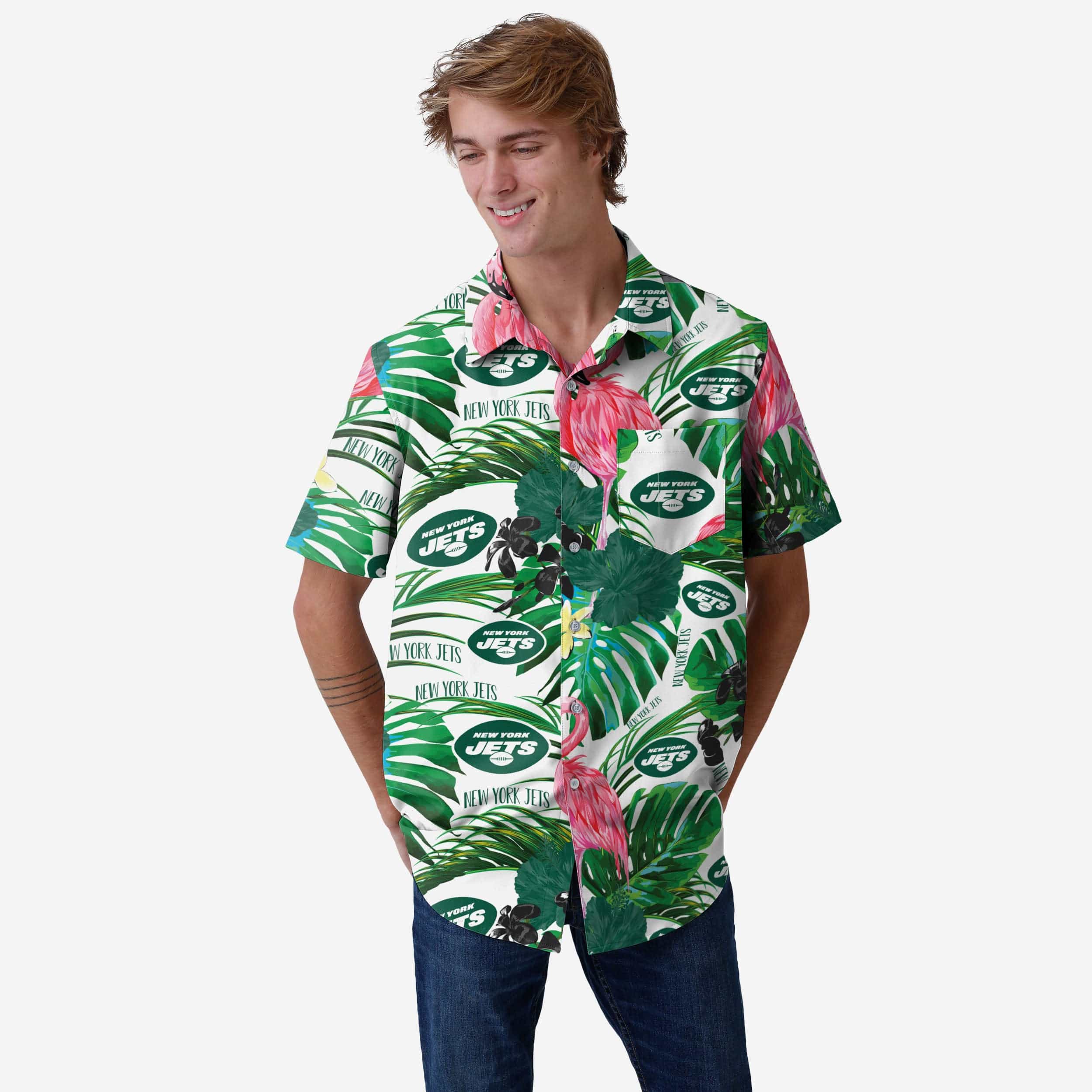 New York Jets Flamingo Button Up Shirt