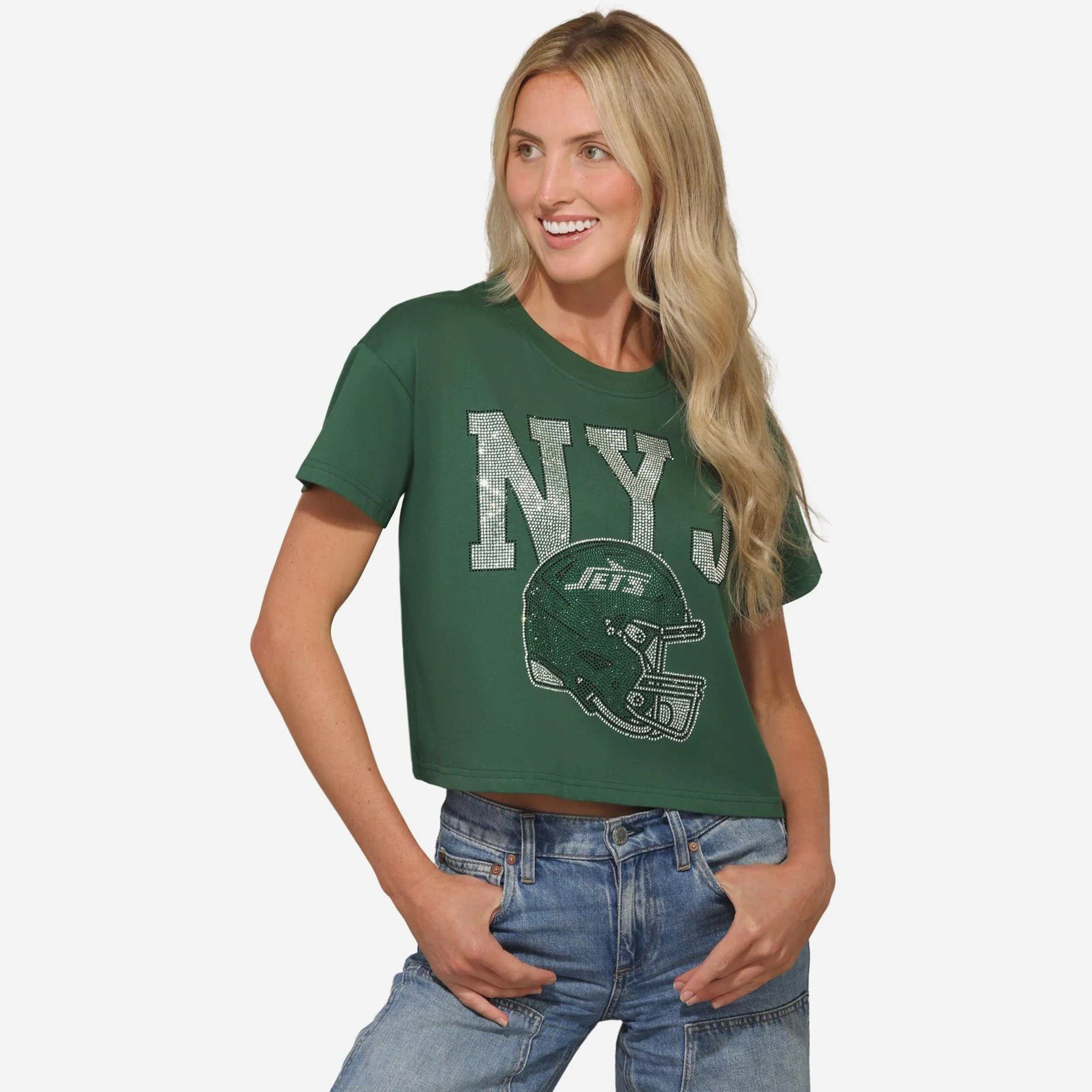 New York Jets Womens Rhinestone Logo Crop Top