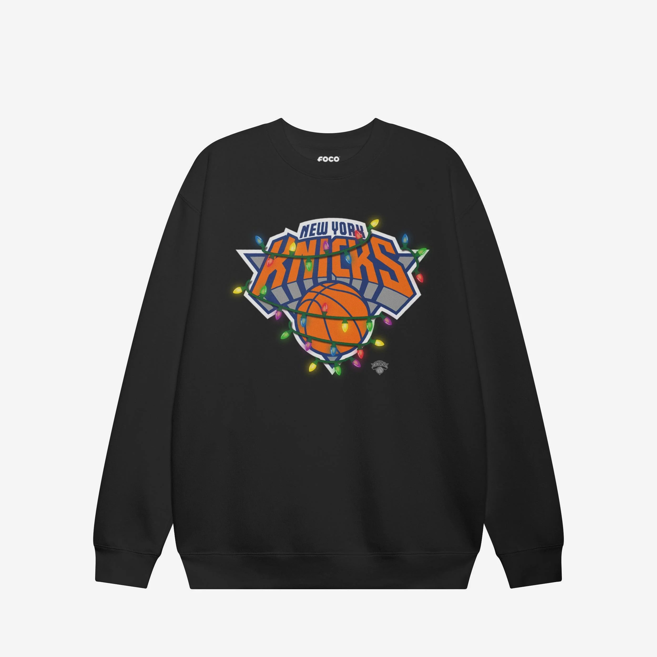 New York Knicks Primary Logo Holiday Lights Crew Neck Sweatshirt