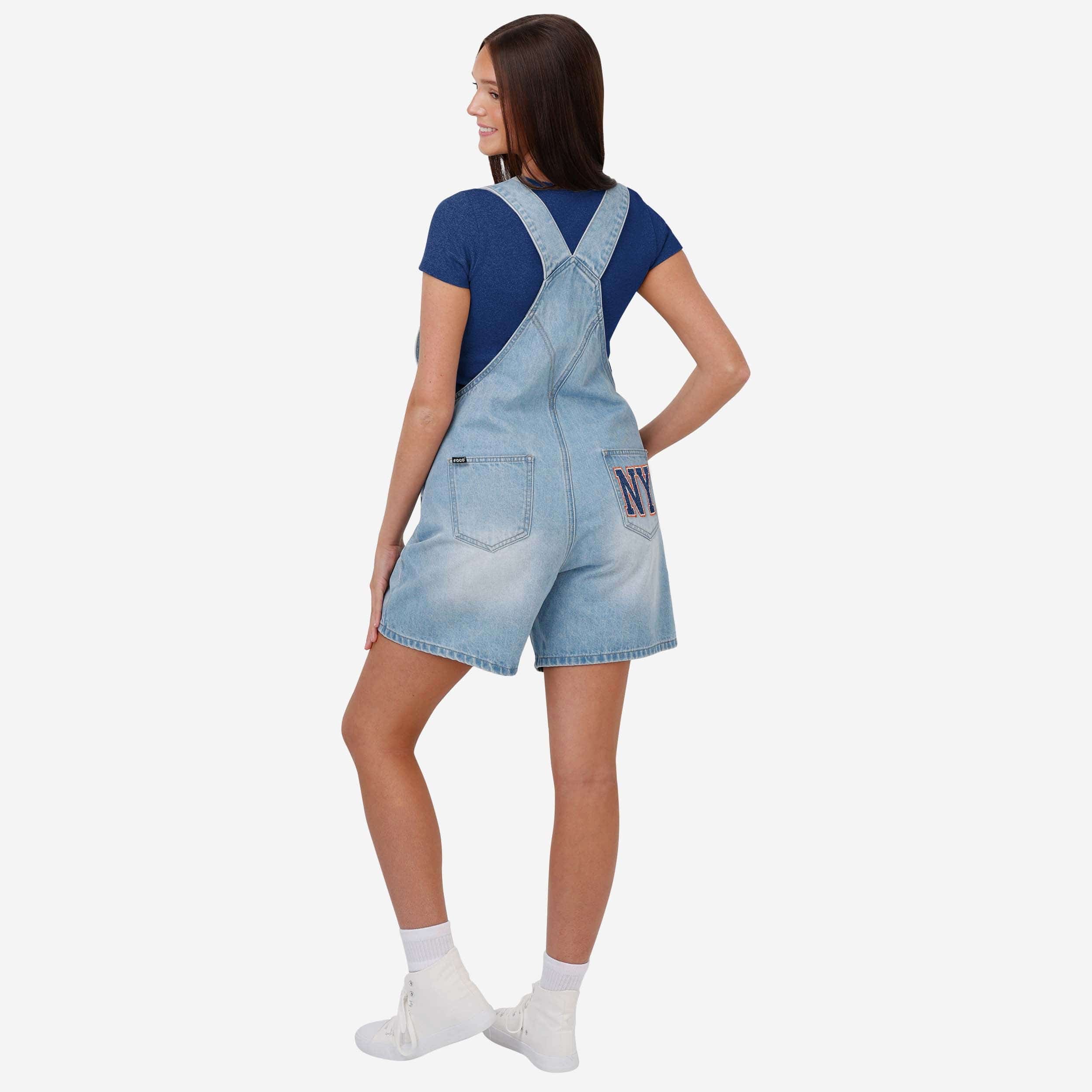 New York Mets Womens Big Logo Denim Bib Shortalls - Image 2