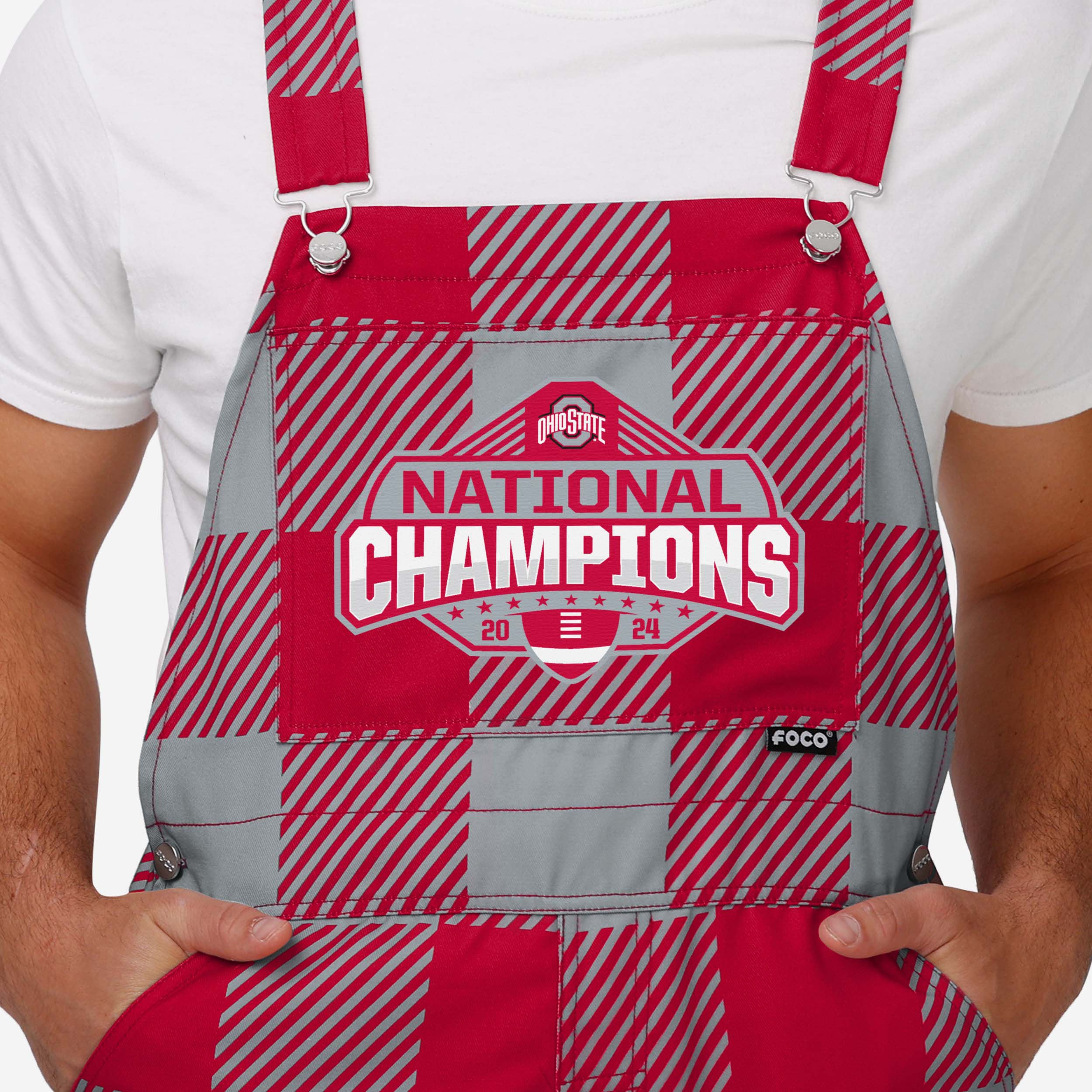 Ohio State Buckeyes 2024 Football National Champions Red Plaid Bib Overalls - Image 4