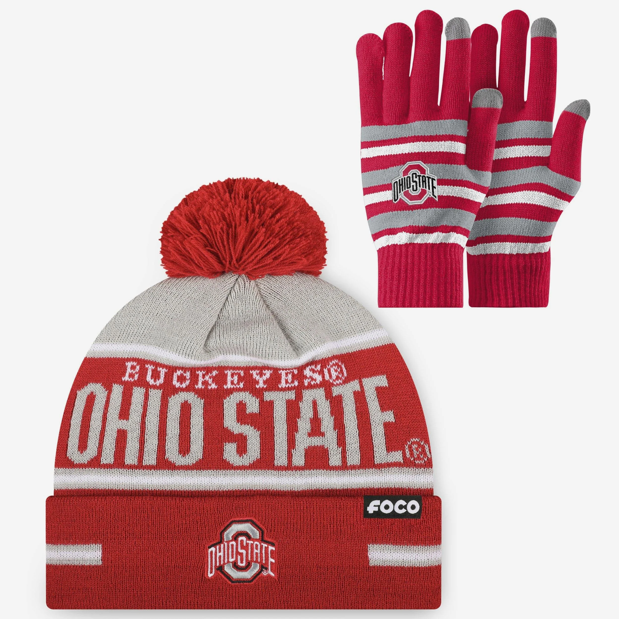 Ohio State Buckeyes Stretch Glove & Big Wordmark Stripe Pom Beanie Set