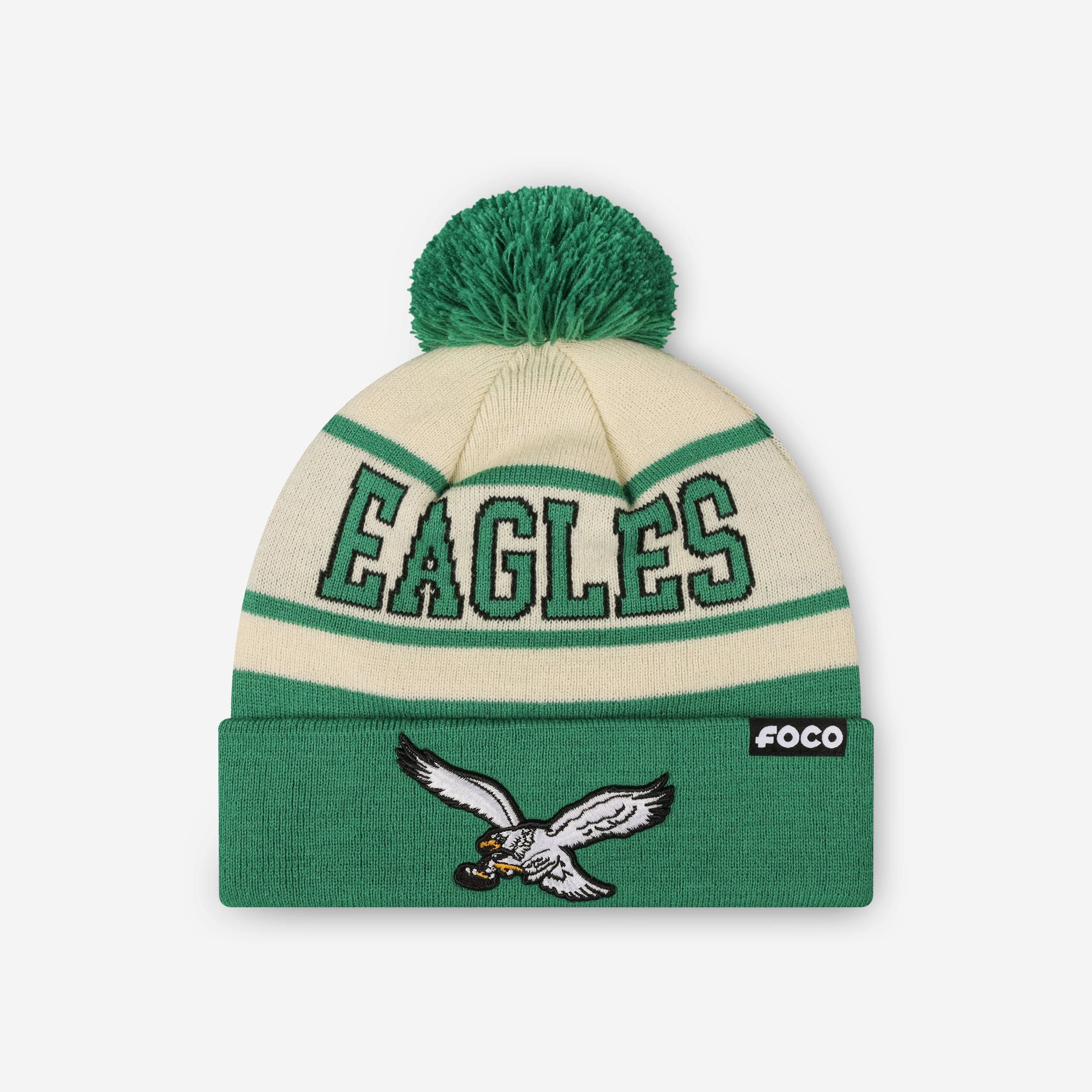 Philadelphia Eagles Heritage Stripe Retro Logo Pom Beanie