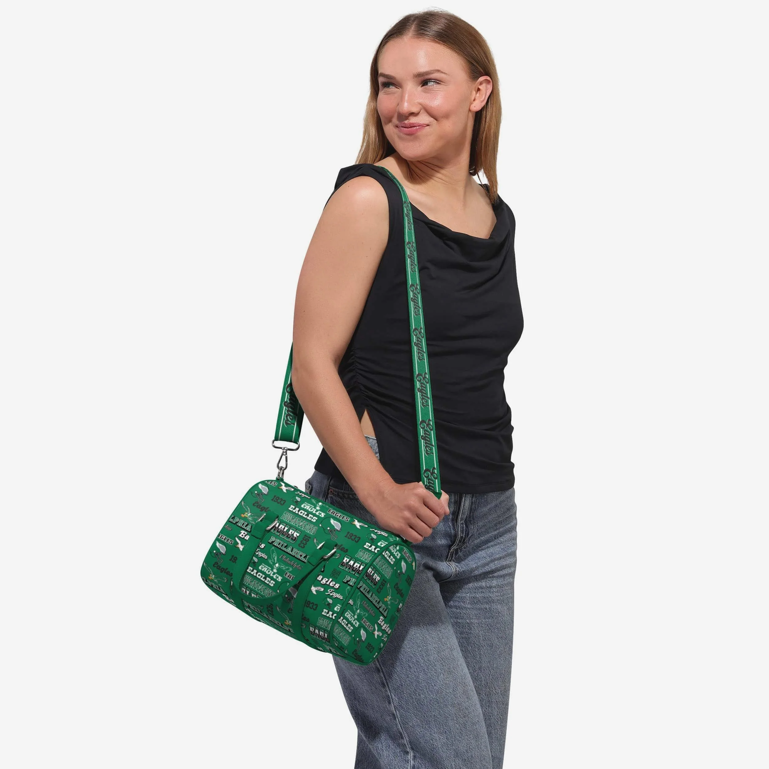 Philadelphia Eagles Kelly Green Repeat Retro Print Nylon Medium Barrel Bag - Image 2