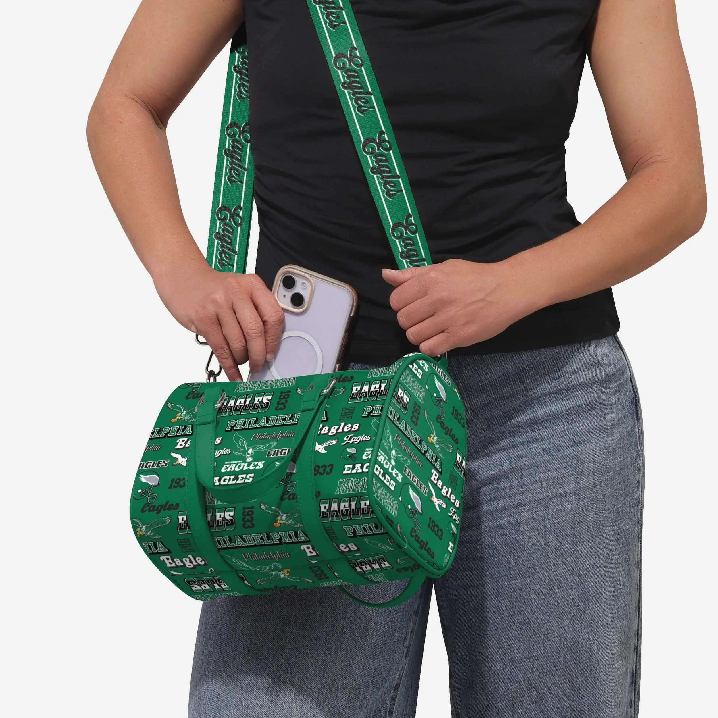 Philadelphia Eagles Kelly Green Repeat Retro Print Nylon Medium Barrel Bag - Image 3