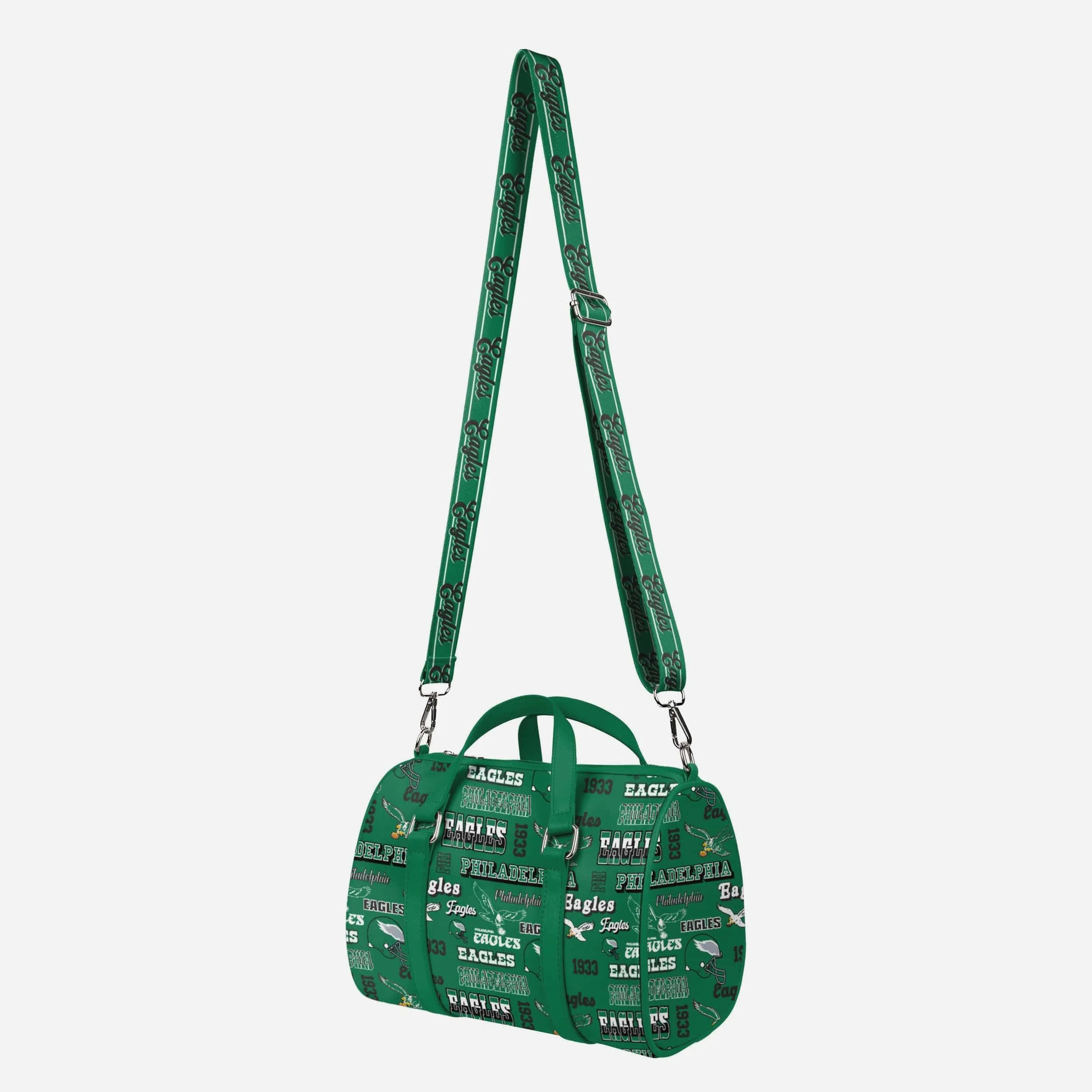 Philadelphia Eagles Kelly Green Repeat Retro Print Nylon Medium Barrel Bag - Image 4