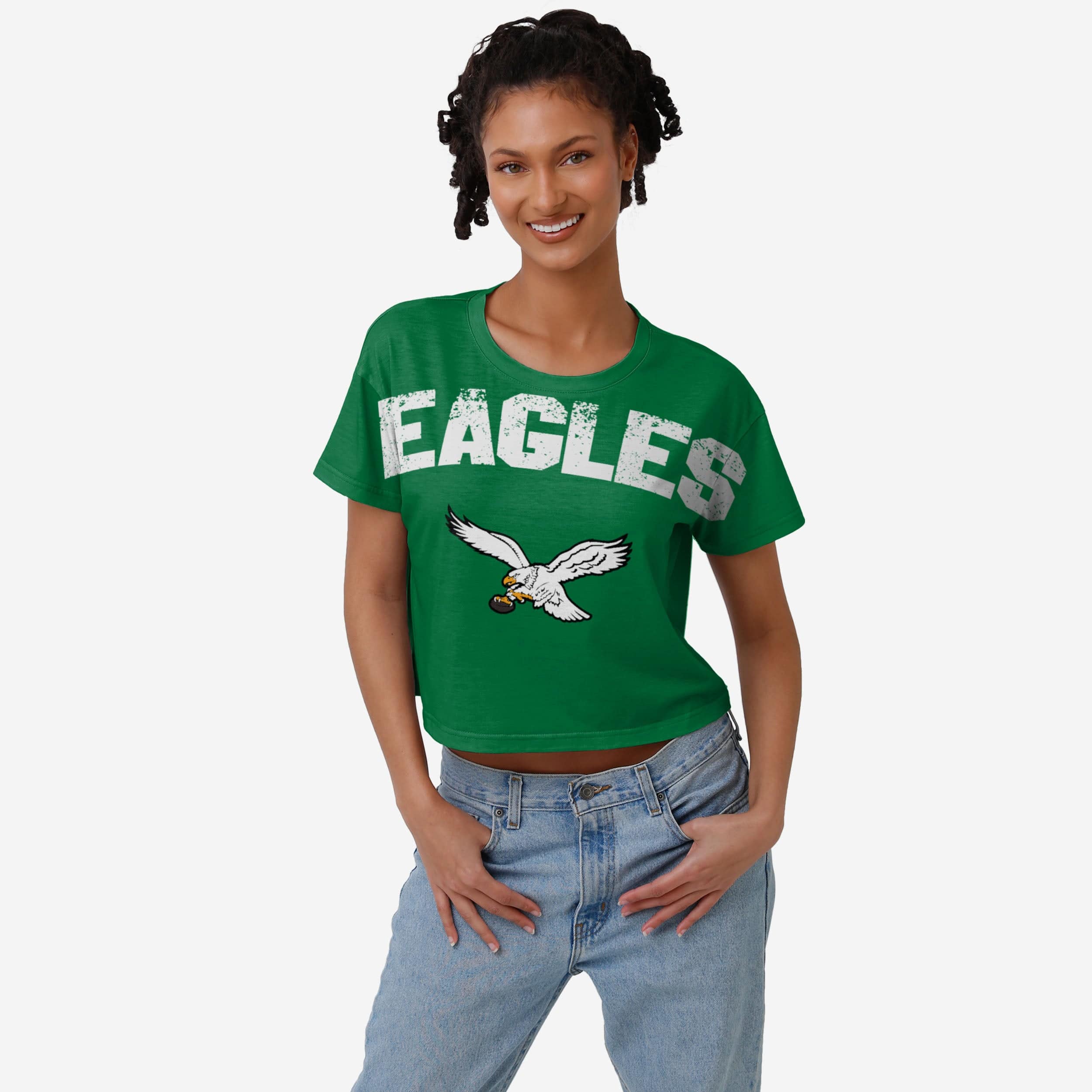 Philadelphia Eagles Kelly Green Womens Petite Distressed Wordmark Crop Top