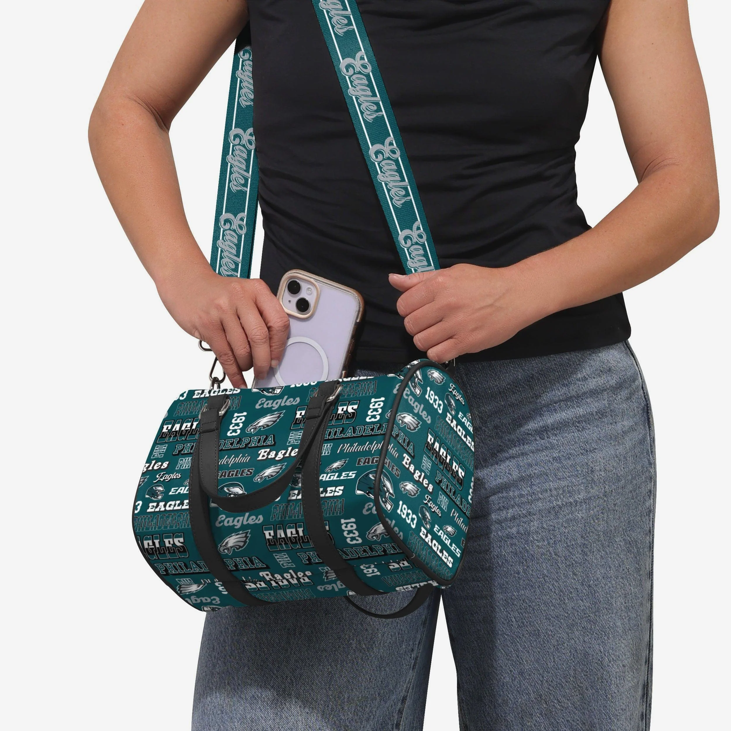 Philadelphia Eagles Repeat Retro Print Nylon Medium Barrel Bag - Image 3