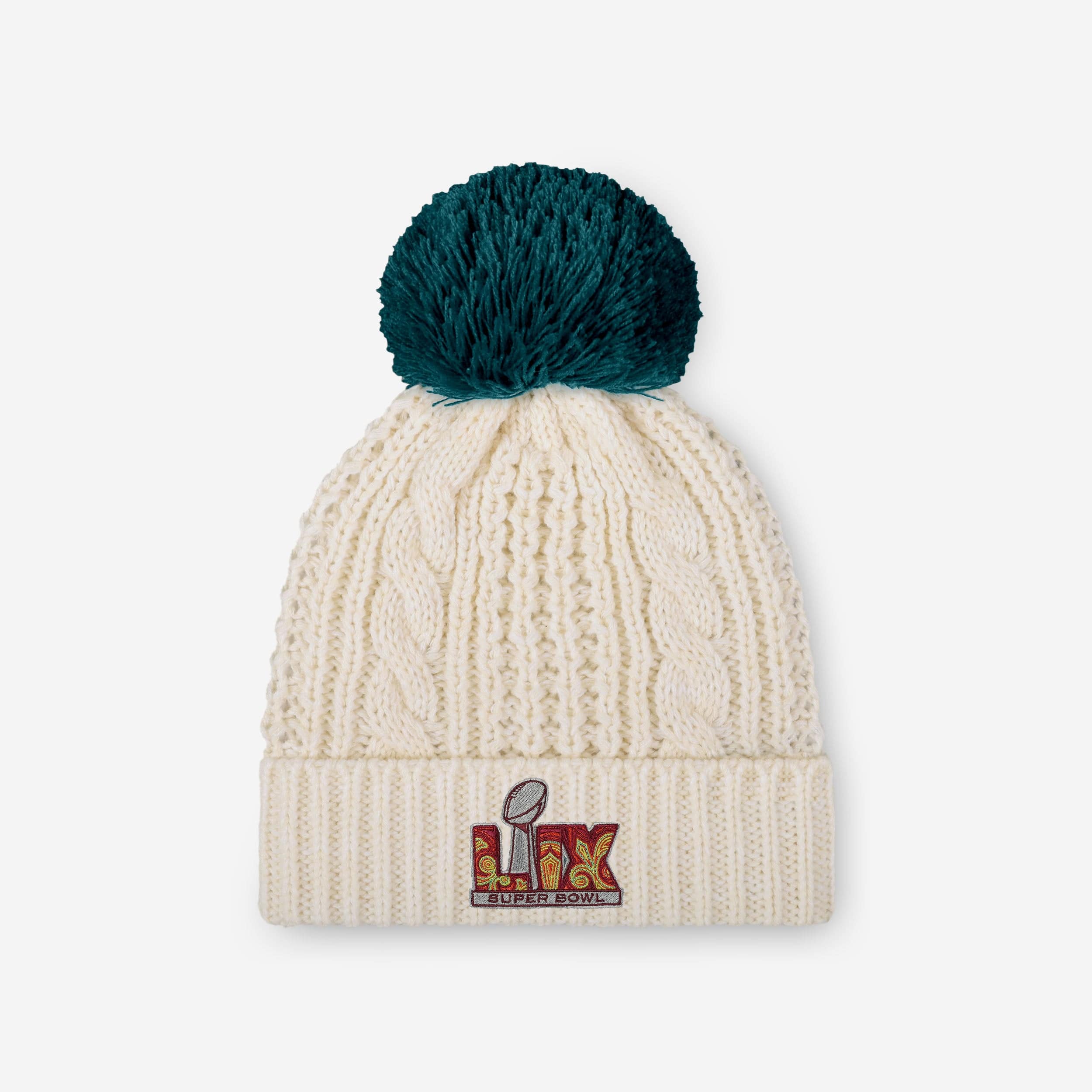 Philadelphia Eagles Super Bowl LIX Champions Primary Logo White Cable Knit Pom Beanie - Image 2