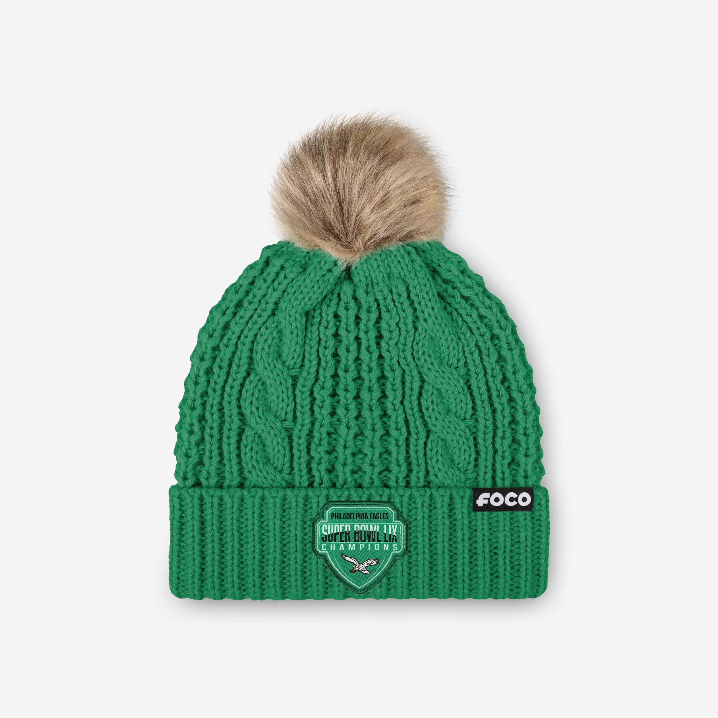Philadelphia Eagles Super Bowl LIX Champions Retro Logo Kelly Green Cable Knit Pom Beanie