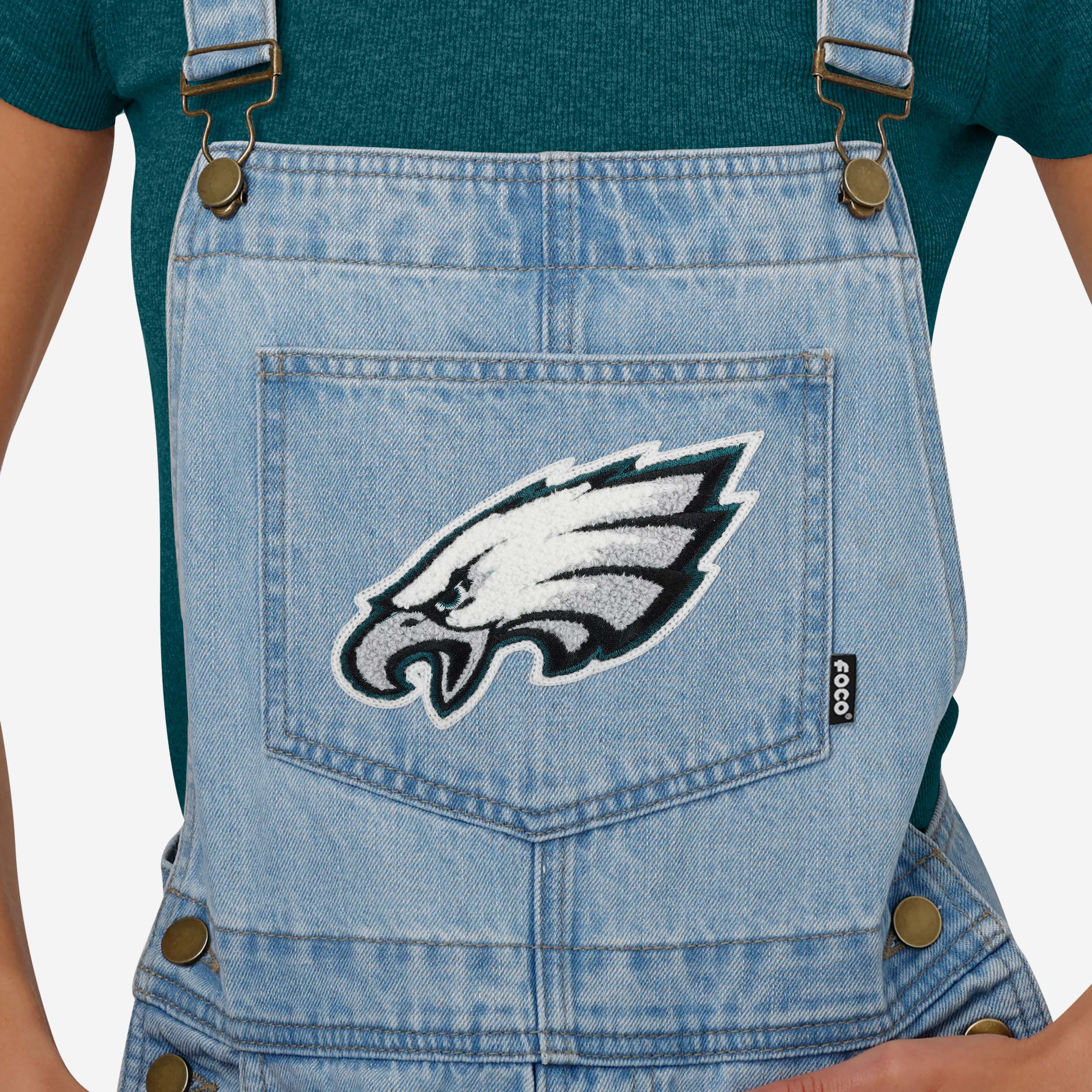 Philadelphia Eagles Womens Big Logo Denim Bib Shortalls - Image 3