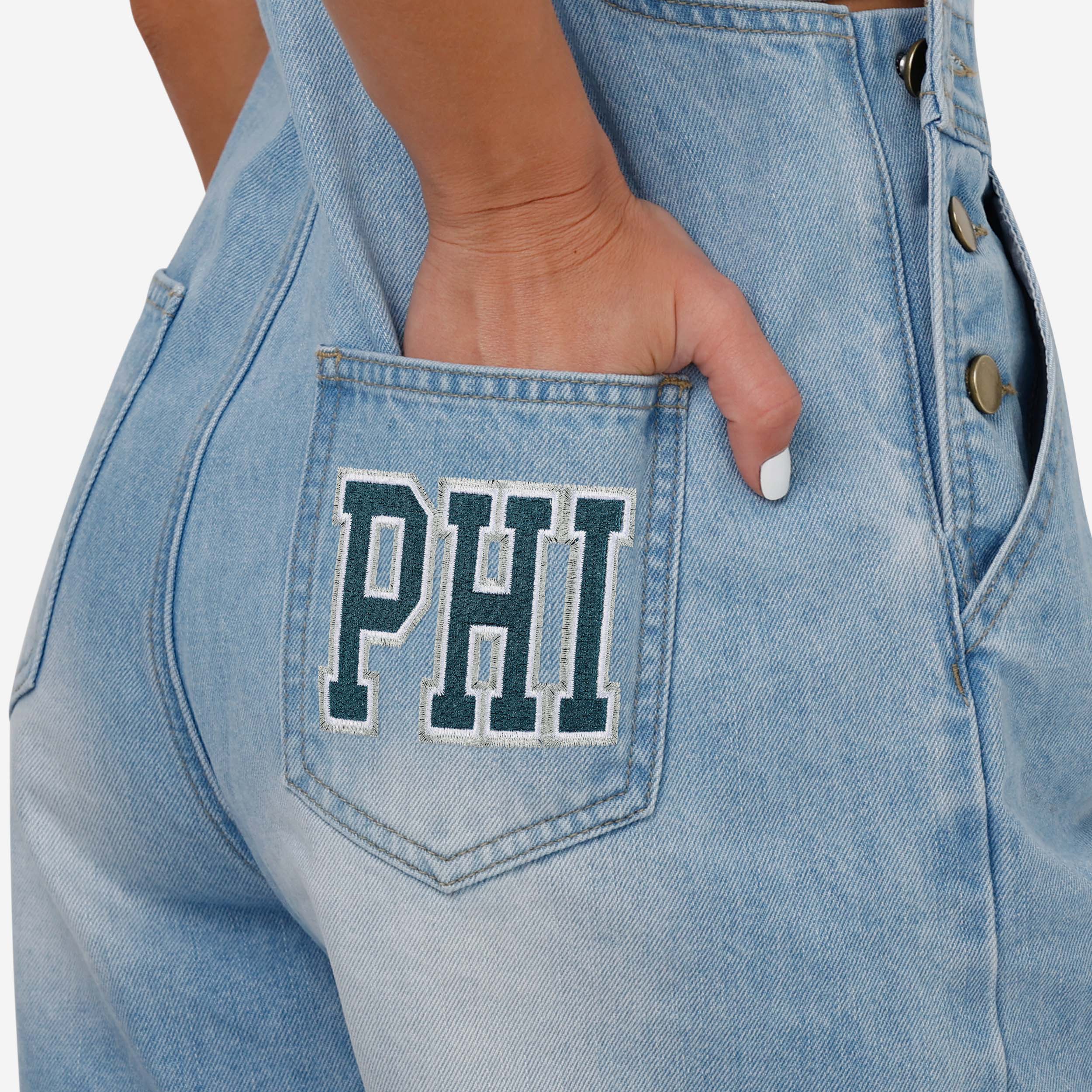Philadelphia Eagles Womens Big Logo Denim Bib Shortalls - Image 5