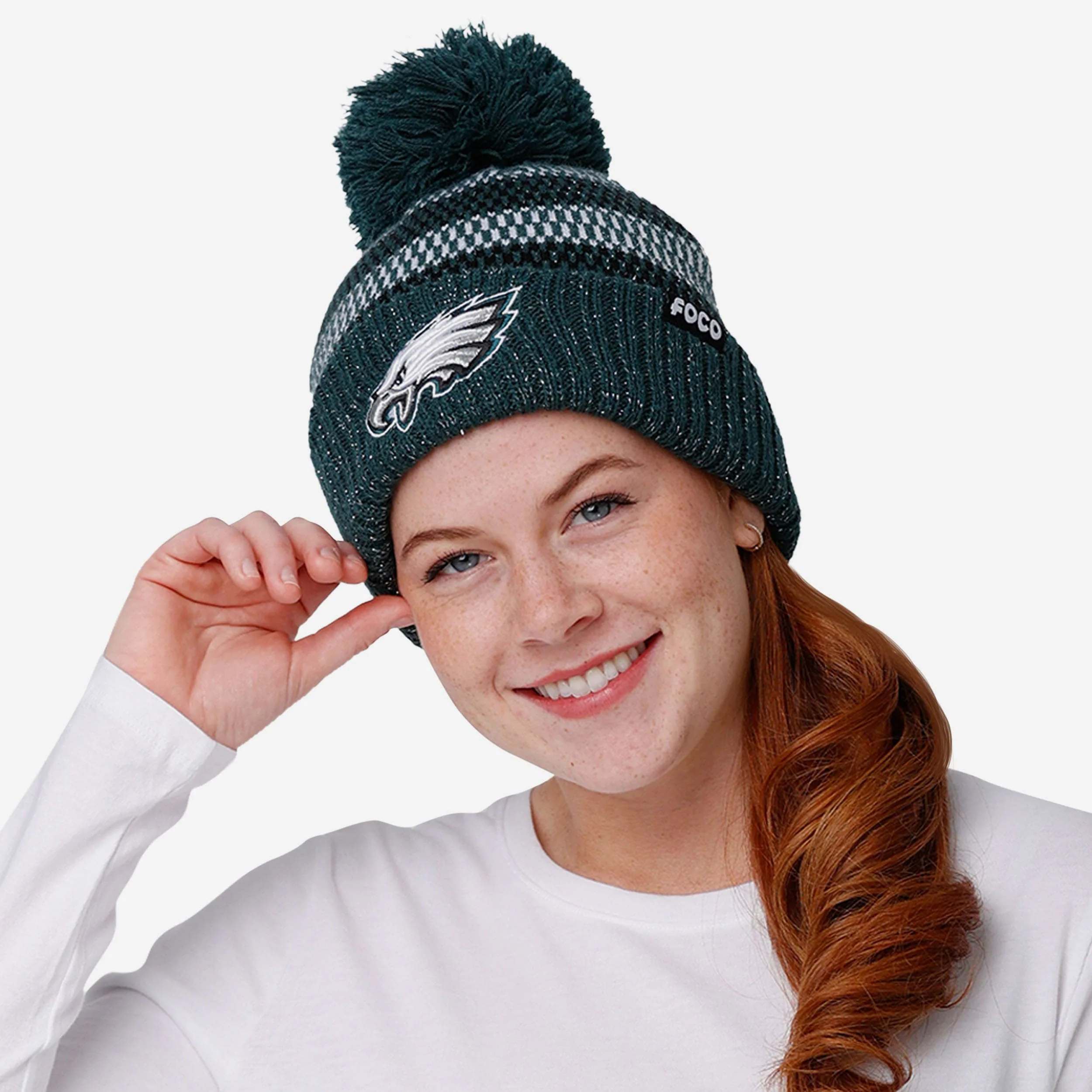 Philadelphia Eagles Womens Cozy Knit Metallic Thread Pom Beanie - Image 3