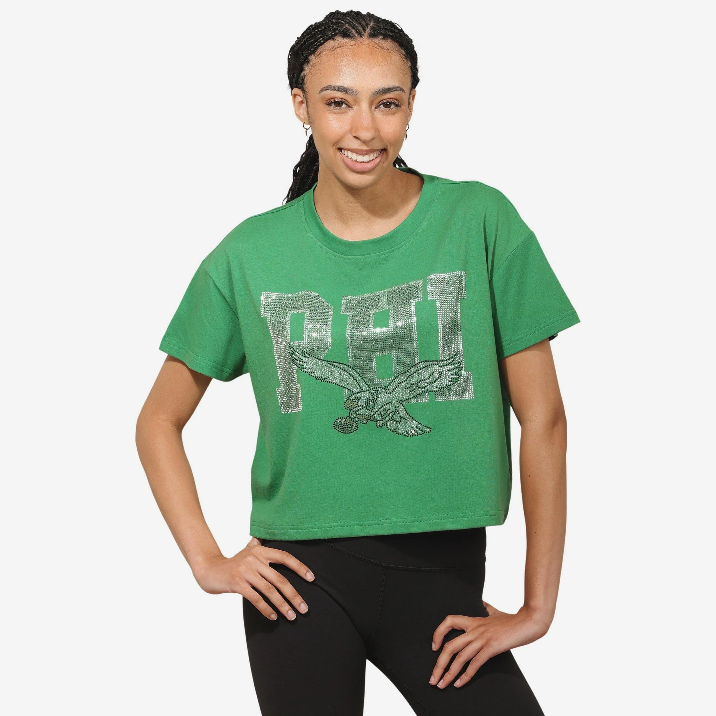 Philadelphia Eagles Womens Kelly Green Rhinestone Logo Crop Top