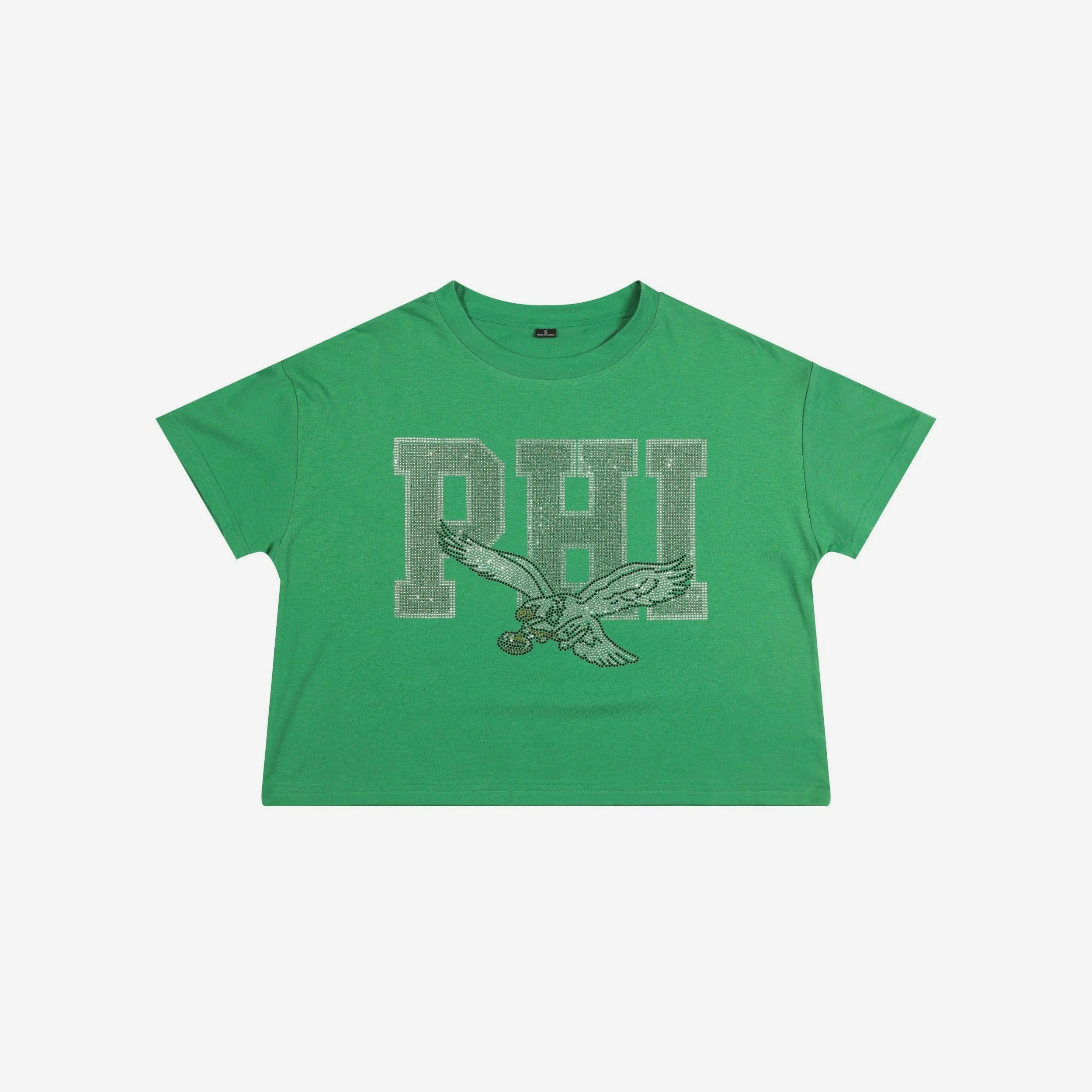 Philadelphia Eagles Womens Kelly Green Rhinestone Logo Crop Top - Image 4